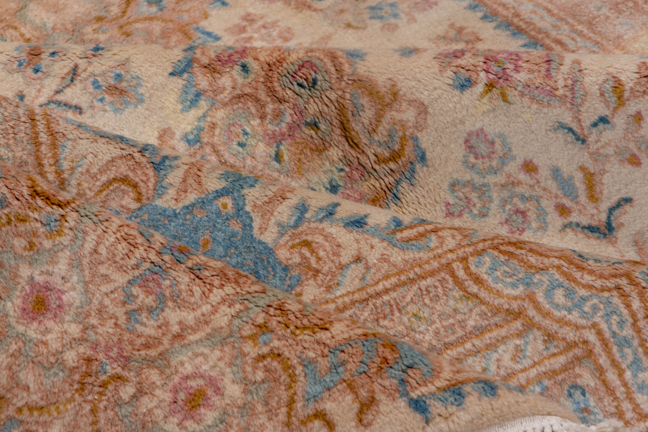 5' x 9' one-of-a-kind handmade vintage Kerman medium size rug. Color palette: ivory, beige, sky blue, blush, gold, taupe