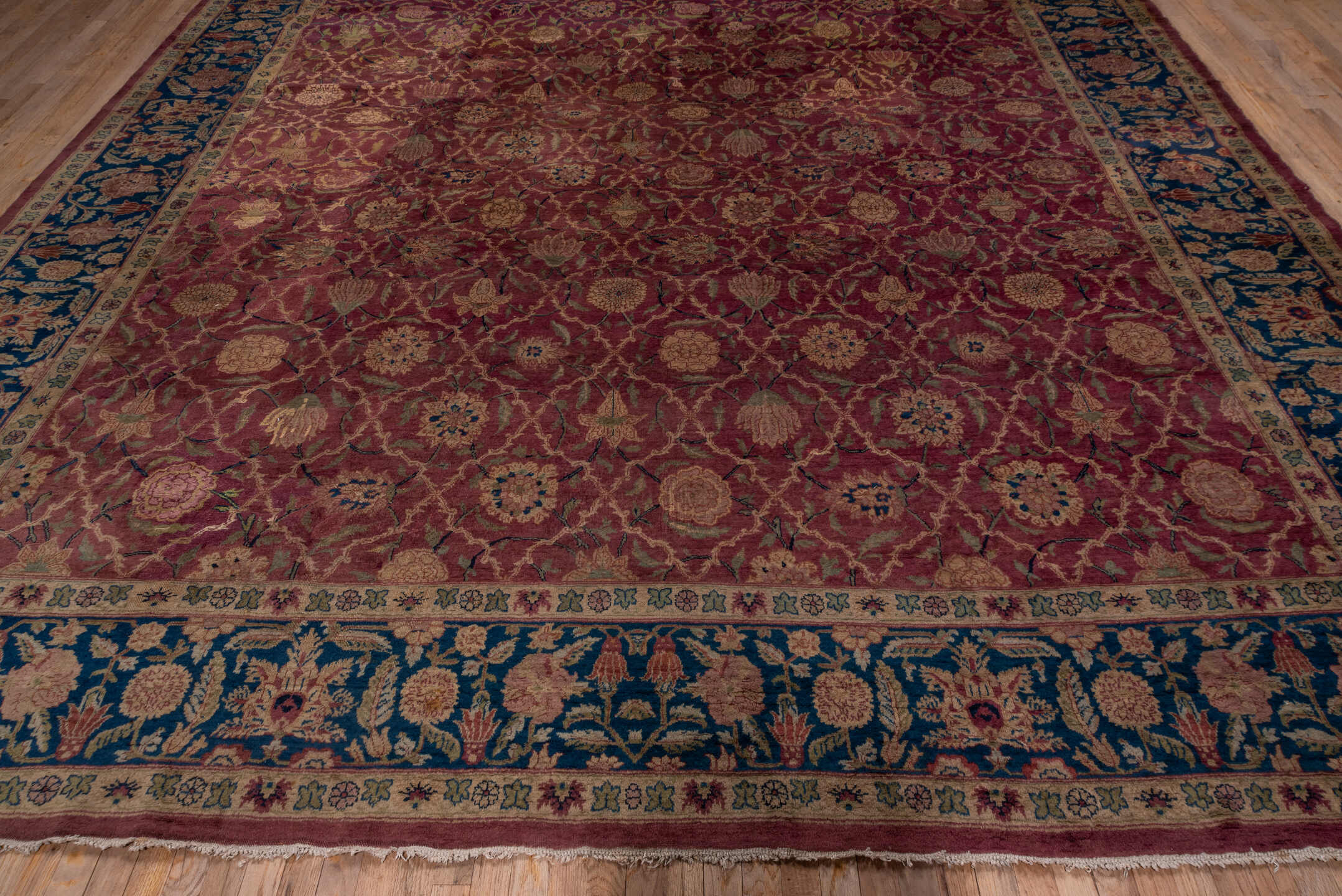 12' x 14' one-of-a-kind handmade vintage Agra oversize rug. Color palette: black, blue, brown, gray, pink, red, redwood