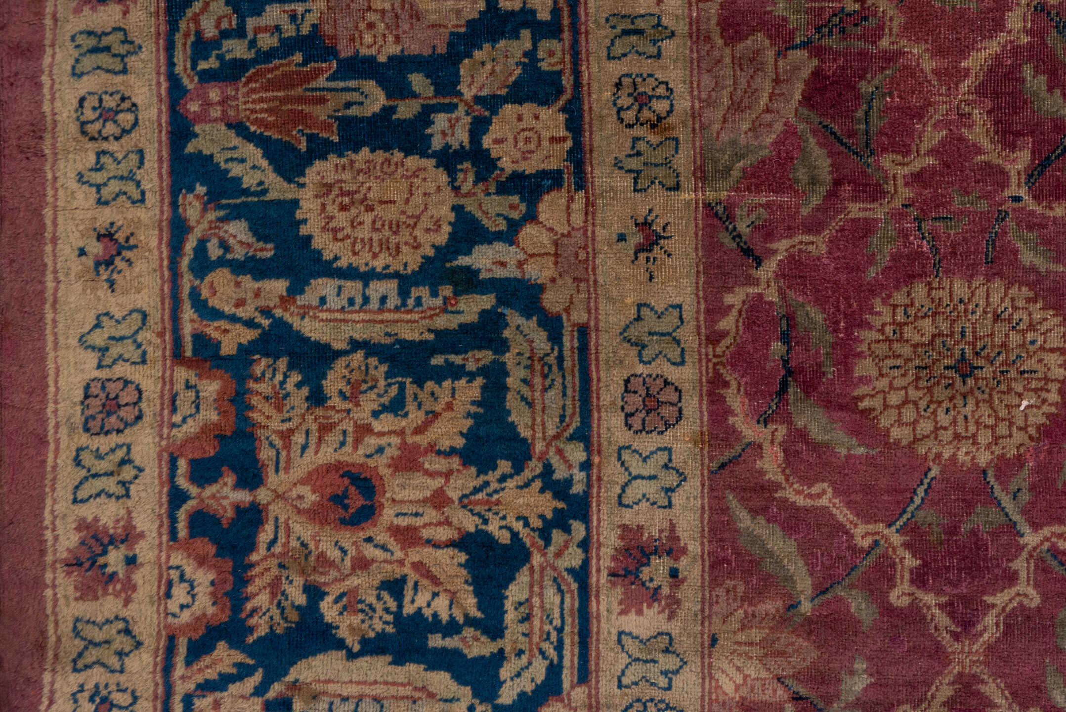 12' x 14' one-of-a-kind handmade vintage Agra oversize rug. Color palette: black, blue, brown, gray, pink, red, redwood