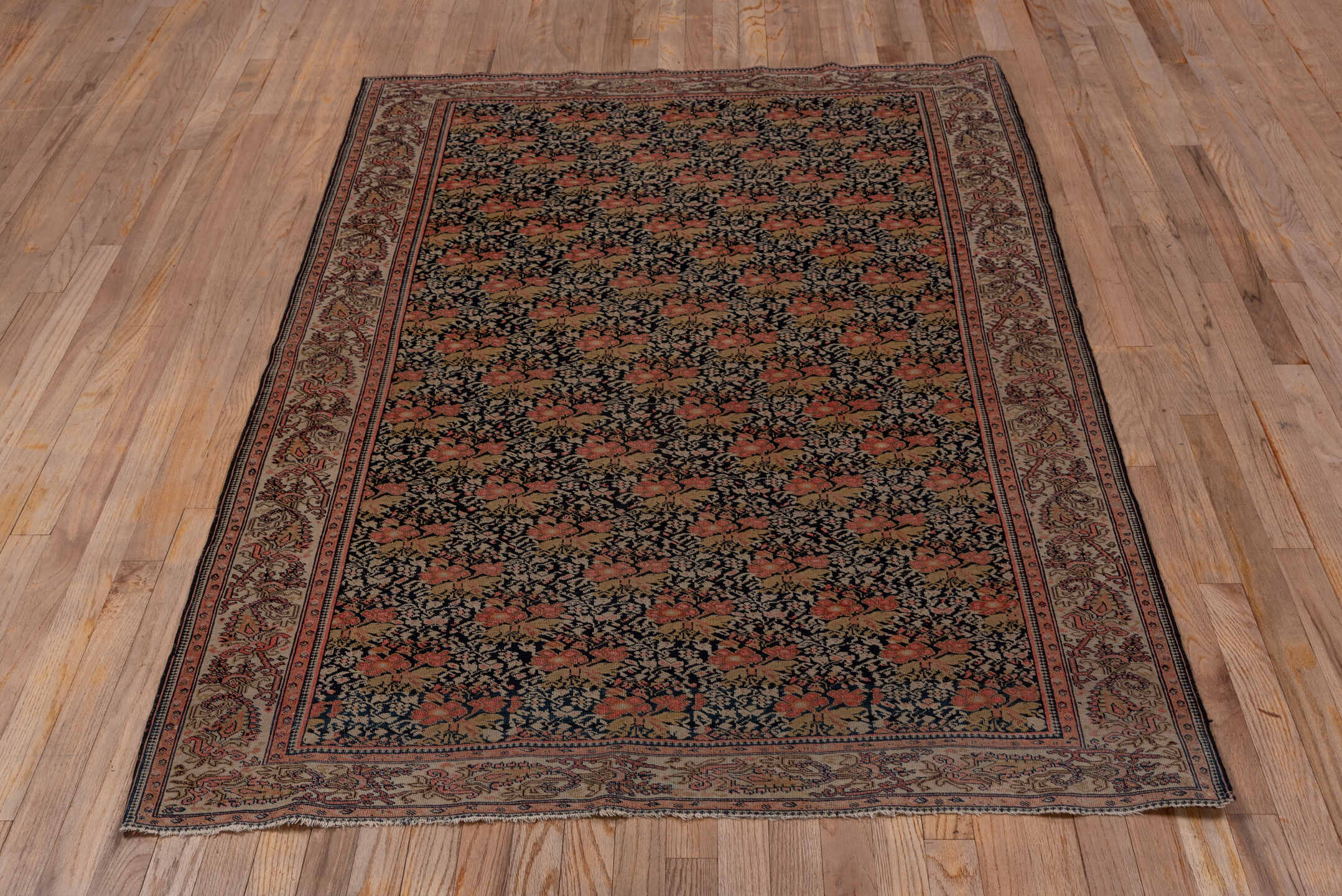 4' x 6' one-of-a-kind handmade vintage Far.Sarouk small size rug. Color palette: navy, ivory, rust, camel, rose, brown, blue