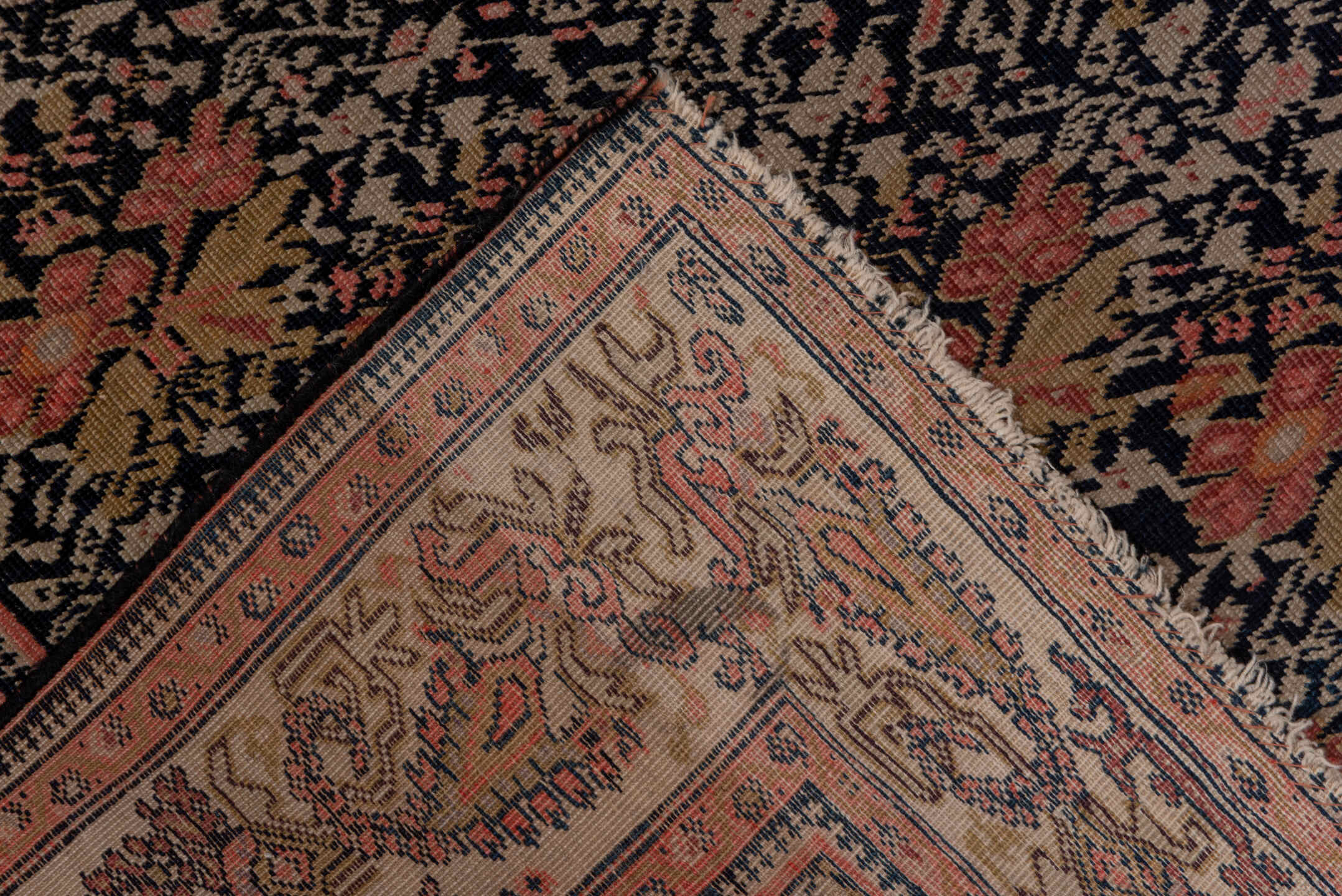 4' x 6' one-of-a-kind handmade vintage Far.Sarouk small size rug. Color palette: navy, ivory, rust, camel, rose, brown, blue
