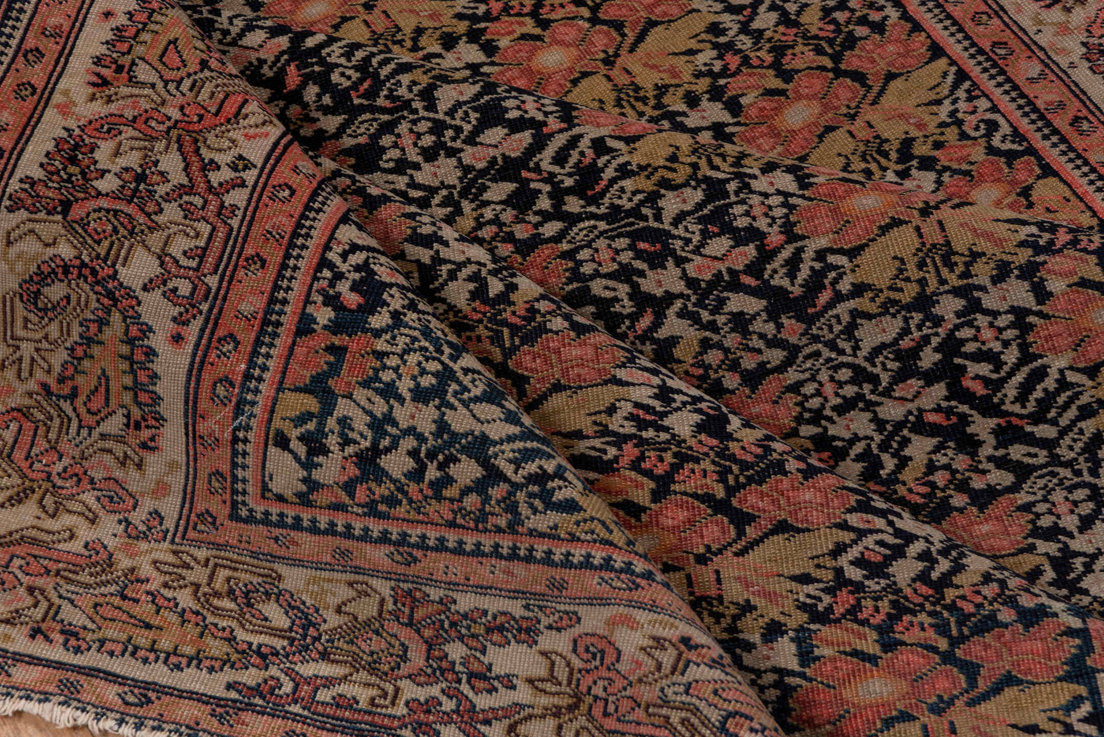 4' x 6' one-of-a-kind handmade vintage Far.Sarouk small size rug. Color palette: navy, ivory, rust, camel, rose, brown, blue