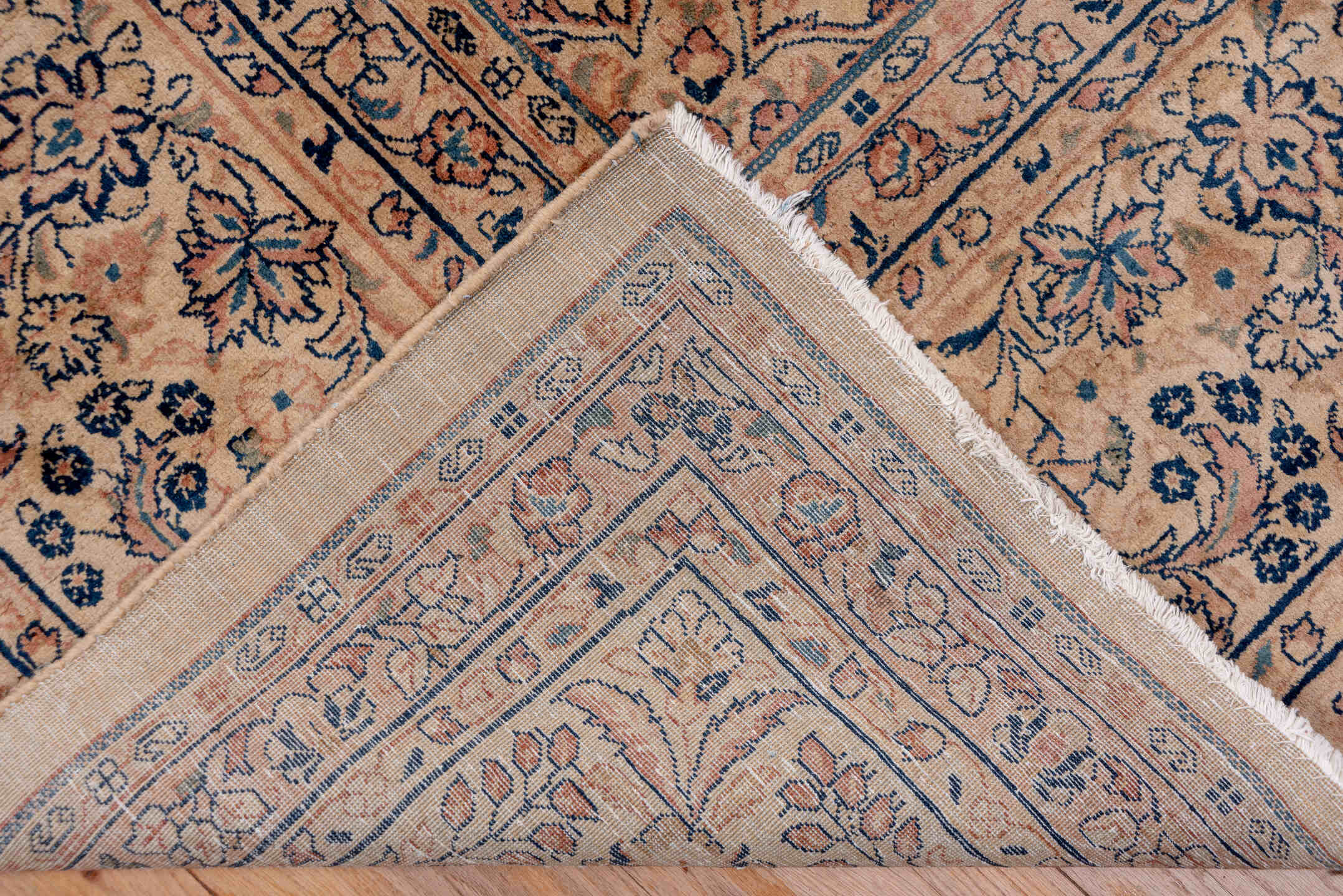 12' x 18' one-of-a-kind handmade antique Sarouk oversize rug. Color palette: beige, ivory, slate, taupe, rust, camel