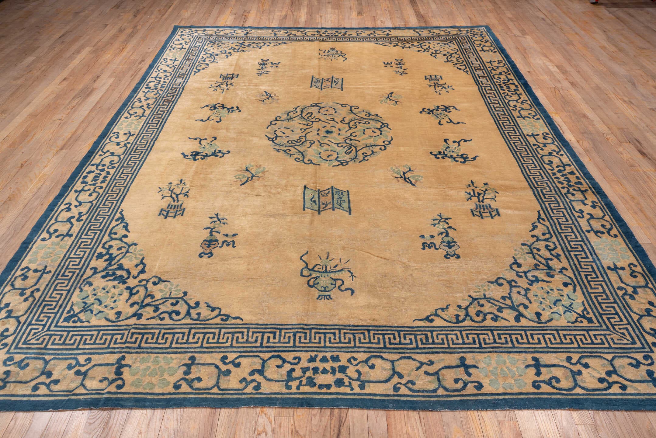 8' x 11' one-of-a-kind handmade antique Chinese large size rug. Color palette: camel, blue, ivory, sage, beige, green