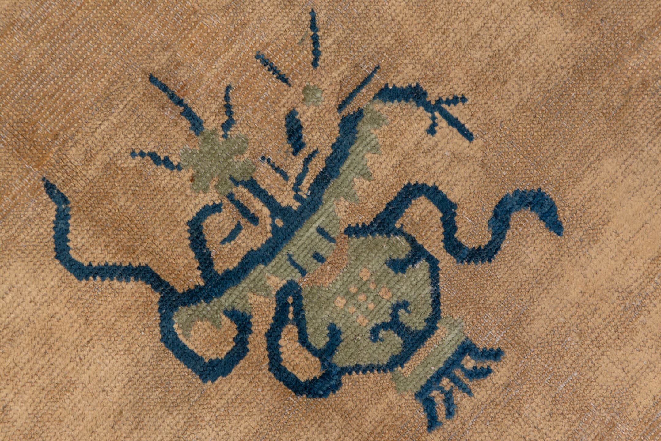 8' x 11' one-of-a-kind handmade antique Chinese large size rug. Color palette: camel, blue, ivory, sage, beige, green