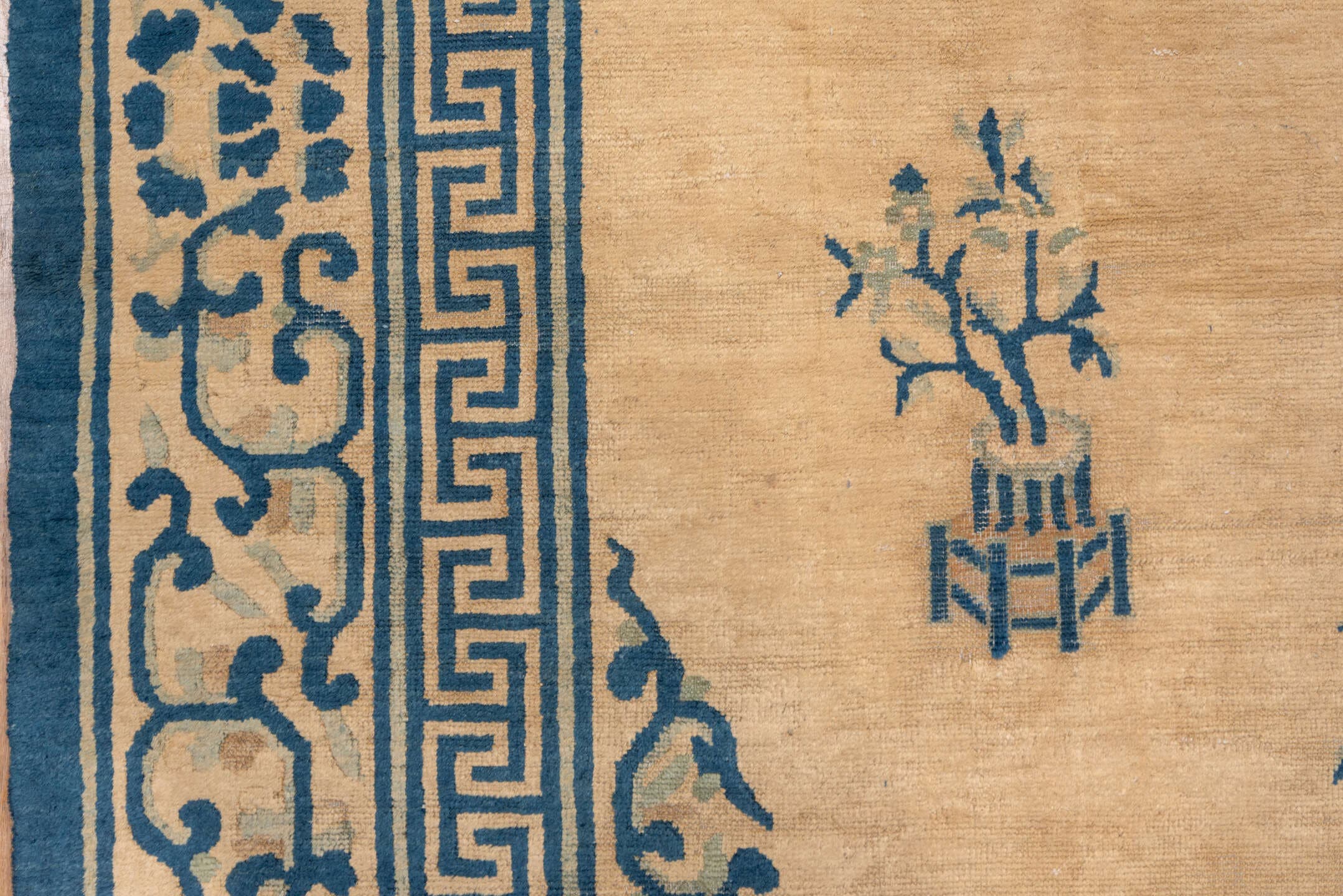 8' x 11' one-of-a-kind handmade antique Chinese large size rug. Color palette: camel, blue, ivory, sage, beige, green