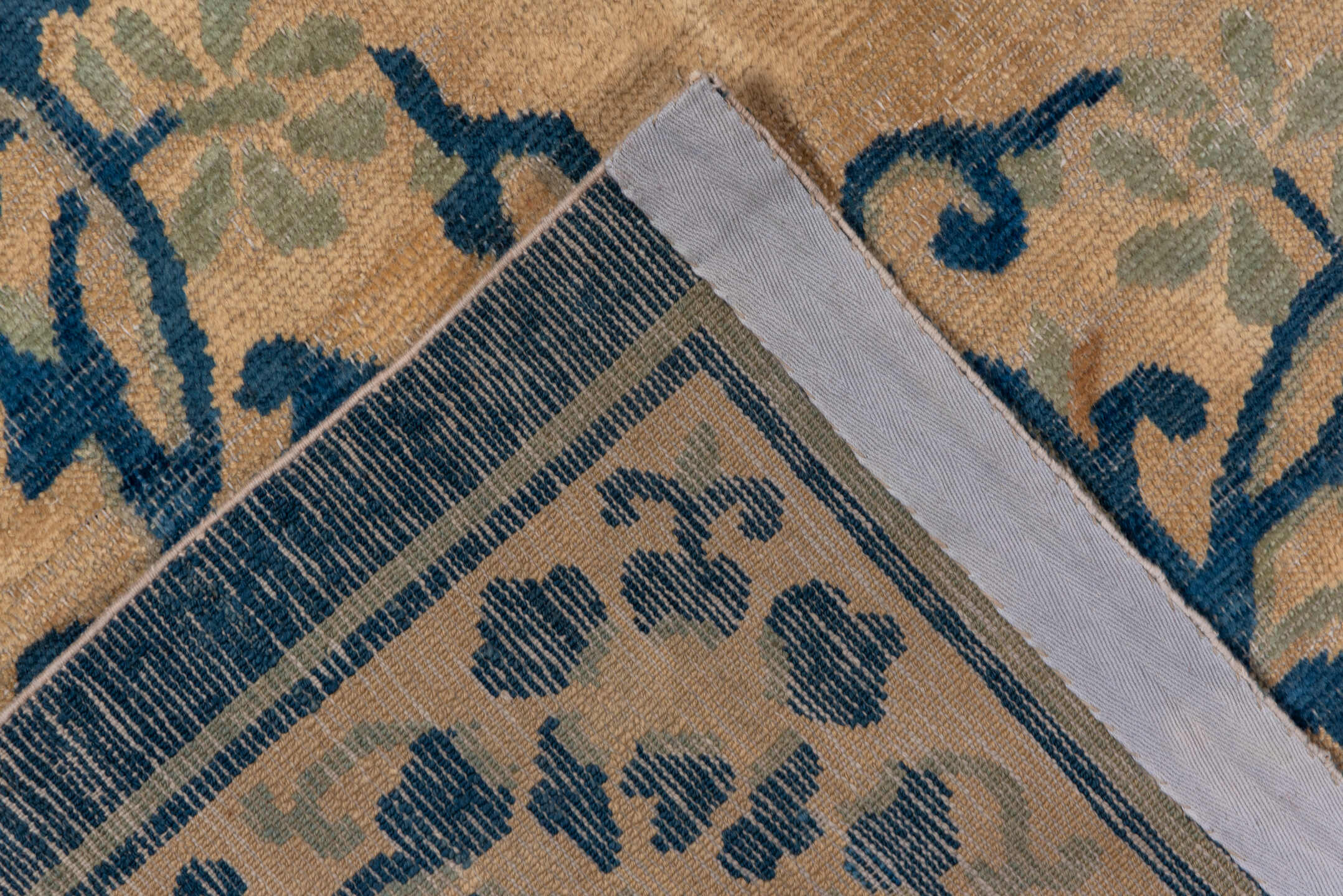 8' x 11' one-of-a-kind handmade antique Chinese large size rug. Color palette: camel, blue, ivory, sage, beige, green
