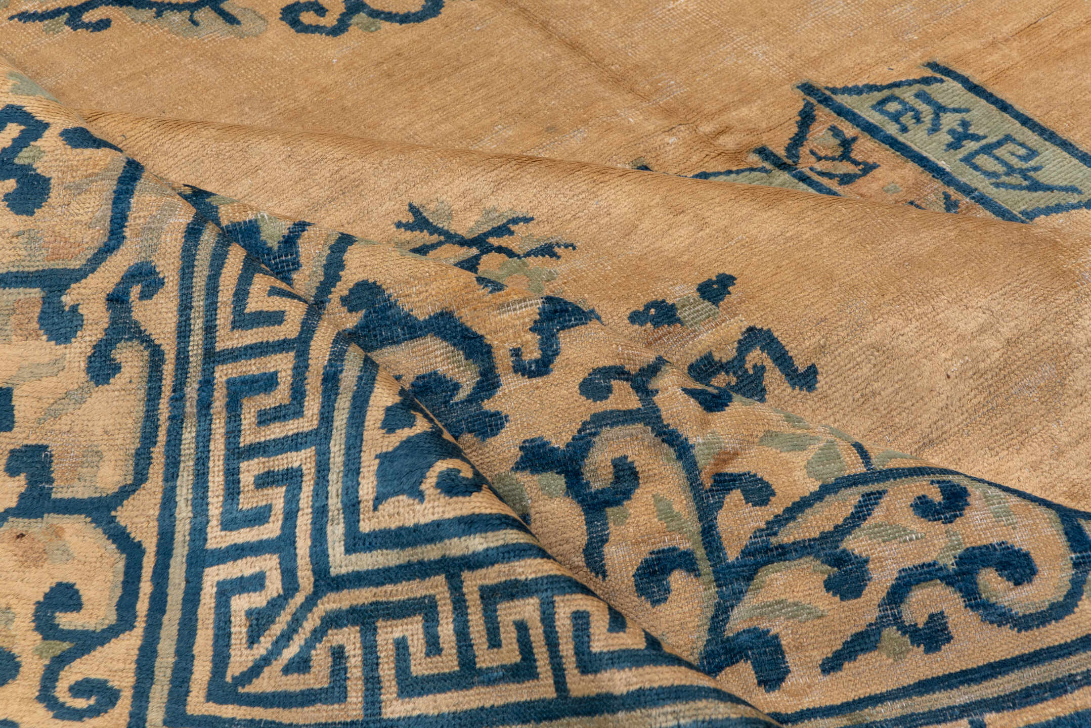 8' x 11' one-of-a-kind handmade antique Chinese large size rug. Color palette: camel, blue, ivory, sage, beige, green