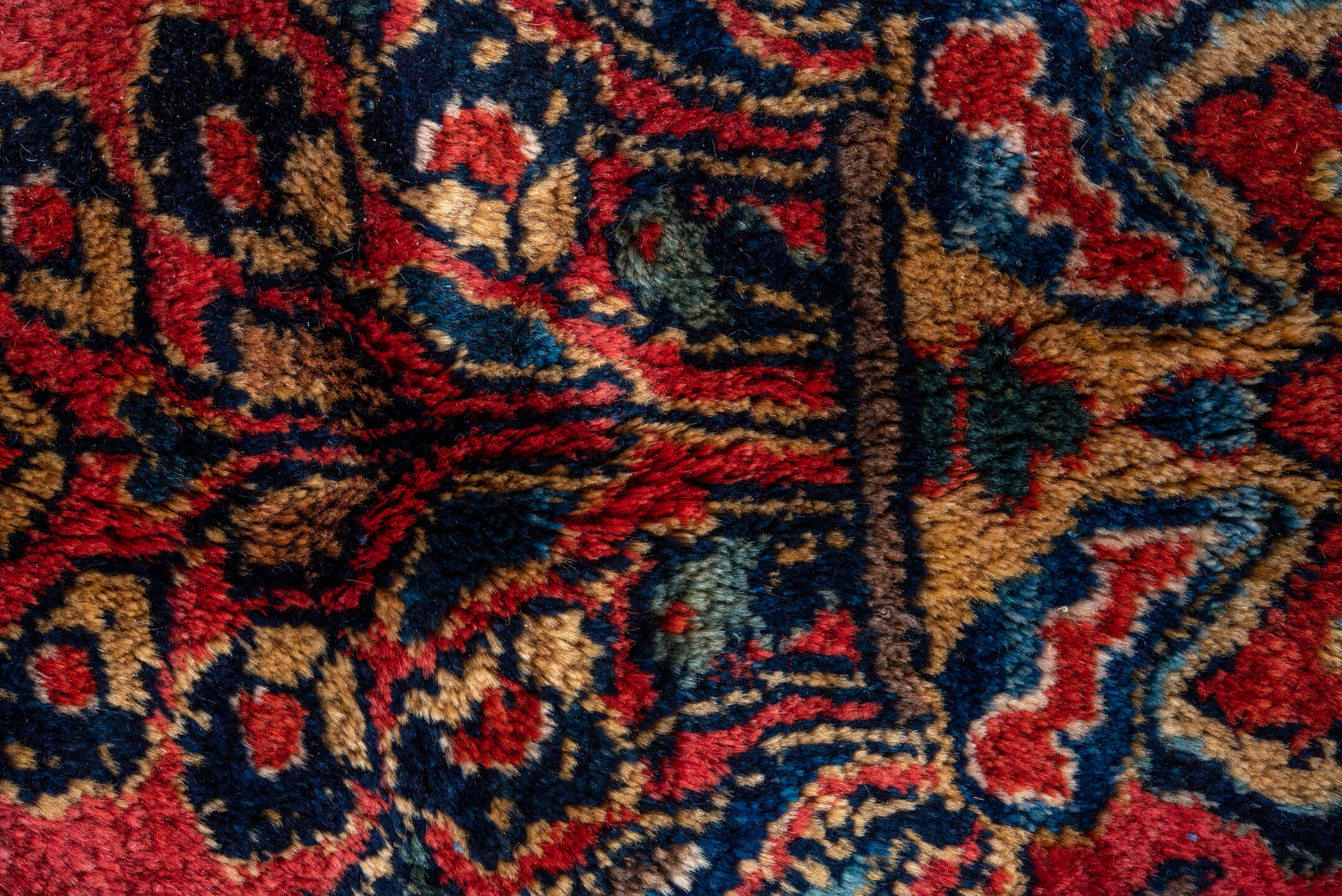 10' x 13' one-of-a-kind handmade antique Sarouk large size rug. Color palette: red, navy, rust, ivory, gold, coral, slate