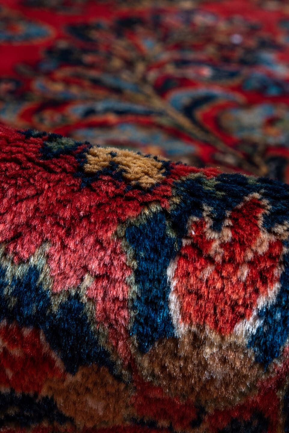 10' x 13' one-of-a-kind handmade antique Sarouk large size rug. Color palette: red, navy, rust, ivory, gold, coral, slate