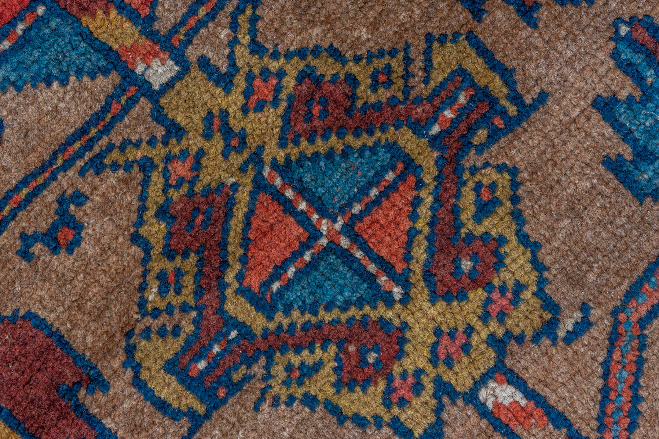 3' x 8' one-of-a-kind handmade vintage Kurd runner rug. Color palette: arapawa, blue, brown, gray, pink, red, redwood