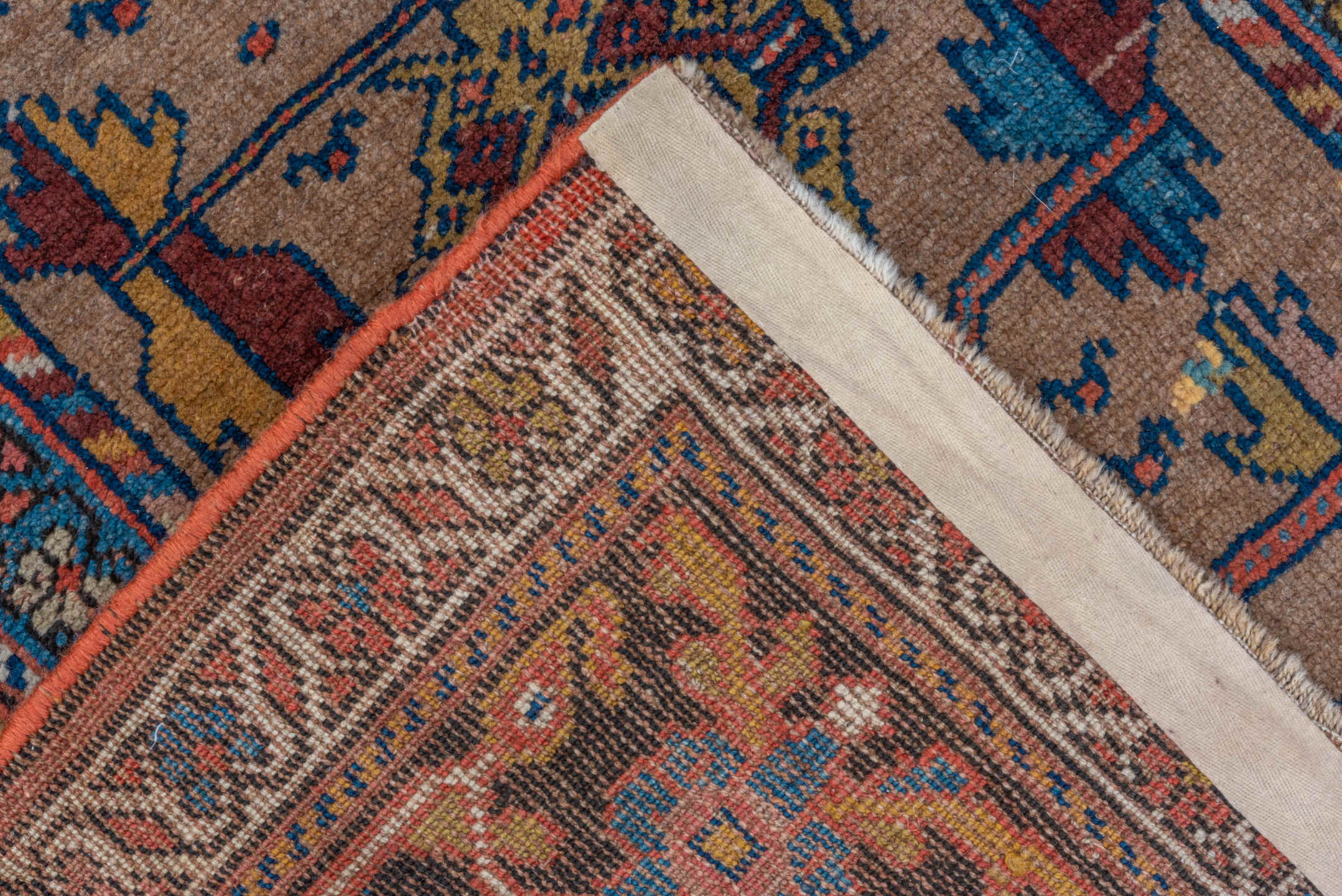 3' x 8' one-of-a-kind handmade vintage Kurd runner rug. Color palette: arapawa, blue, brown, gray, pink, red, redwood