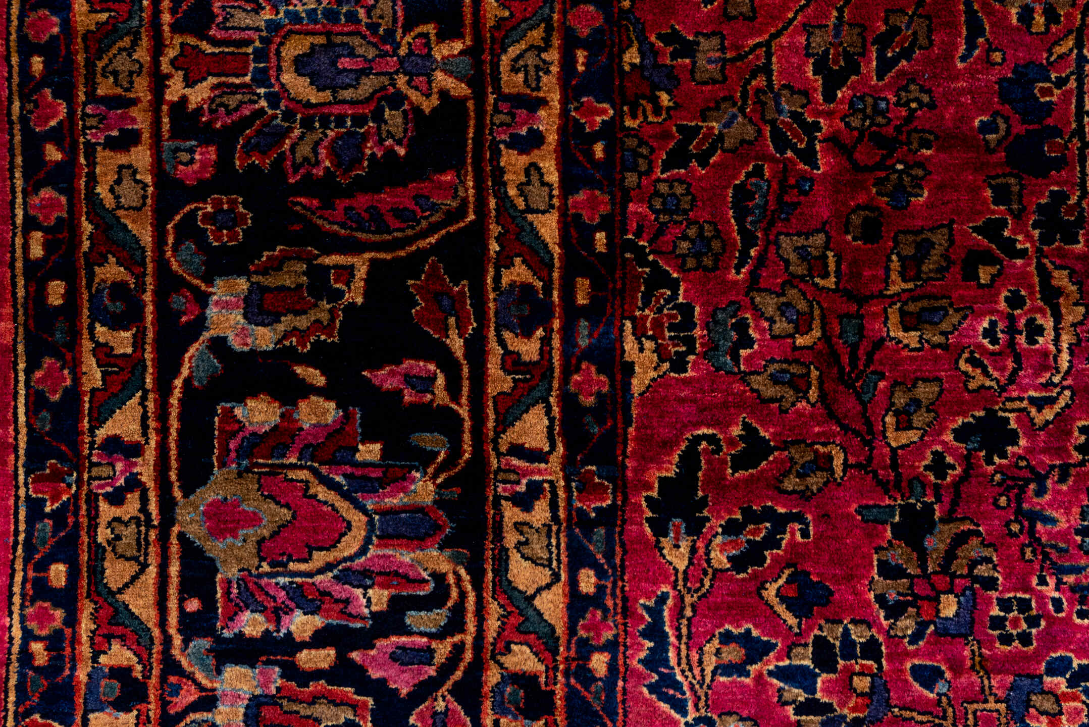 9' x 12' one-of-a-kind handmade antique Sarouk large size rug. Color palette: red, navy, rose, ivory, burgundy, cobalt