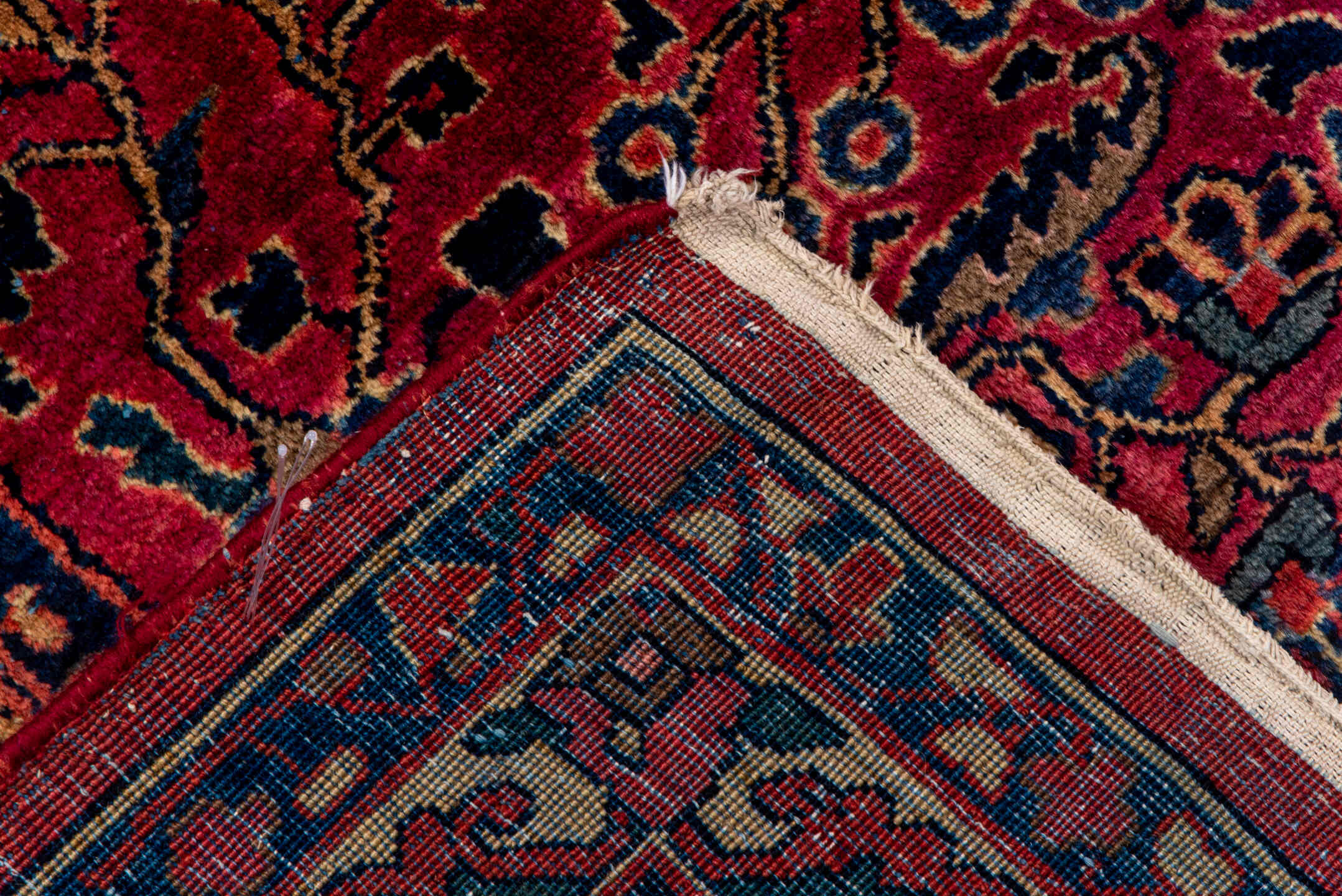 9' x 12' one-of-a-kind handmade antique Sarouk large size rug. Color palette: red, navy, rose, ivory, burgundy, cobalt