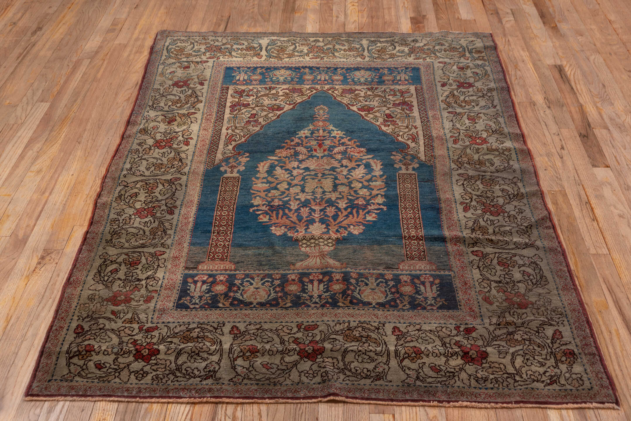 4' x 6' one-of-a-kind handmade vintage Kaisary small size rug. Color palette: gray, blue, brown, red, black, charcoal