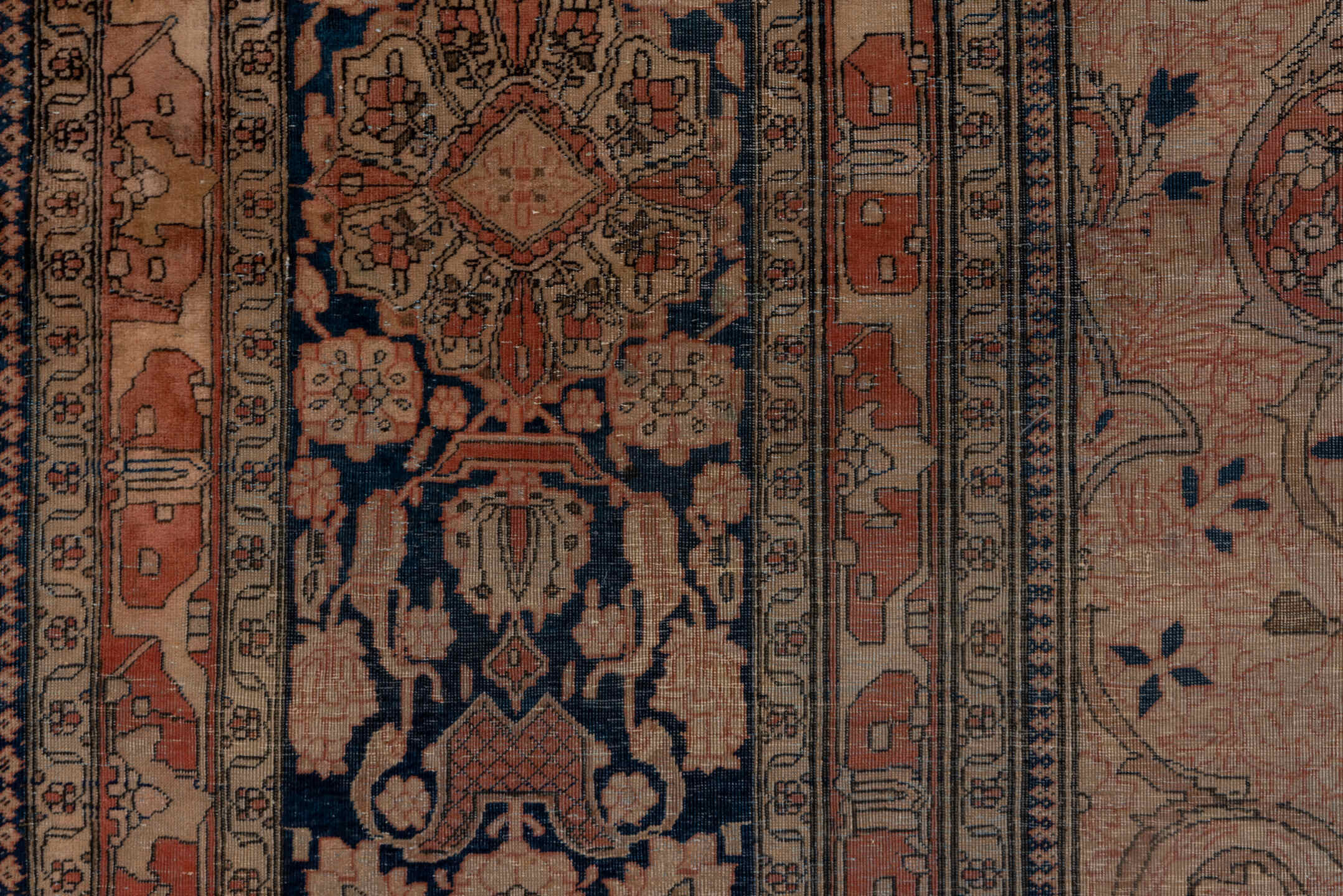 9' x 13' one-of-a-kind handmade vintage Mohtasham Kashan large size rug. Color palette: black, blue, brown, charcoal, gray