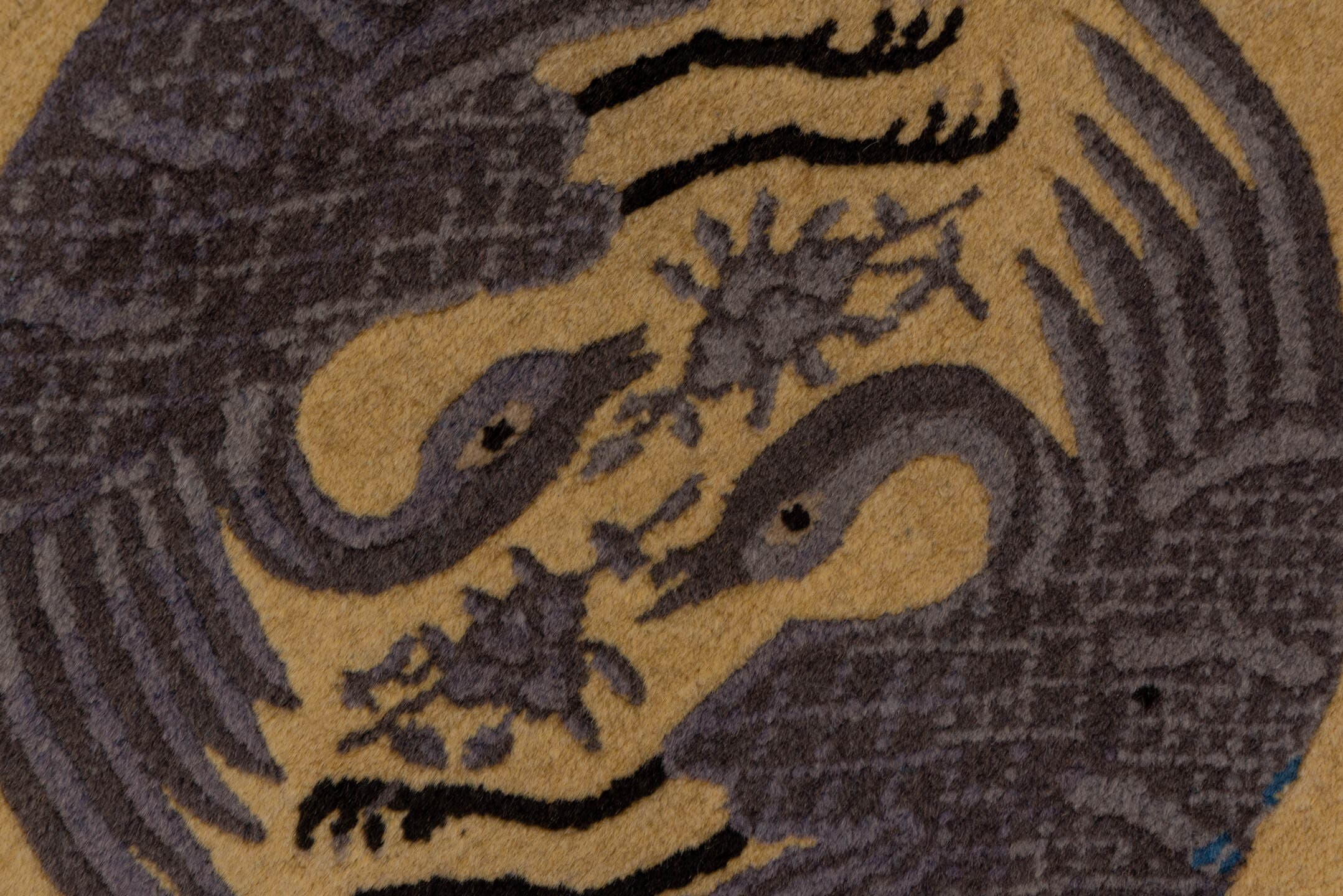 4' x 9' one-of-a-kind handmade antique Chinese runner rug. Color palette: gold, taupe, charcoal, camel, beige, gray, black