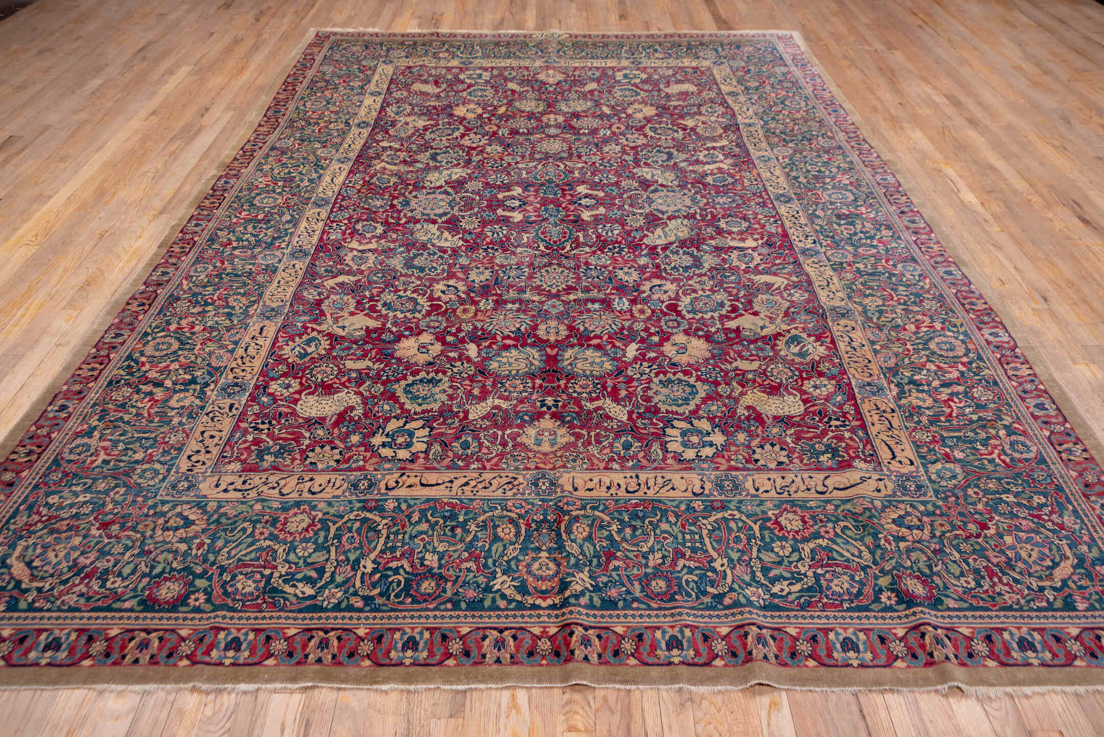 8' x 12' one-of-a-kind handmade antique Tabriz large size rug. Color palette: crimson, navy, ivory, rose, slate, taupe