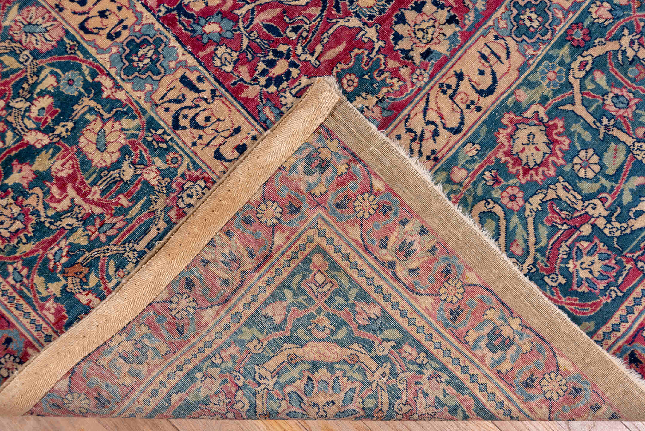 8' x 12' one-of-a-kind handmade antique Tabriz large size rug. Color palette: crimson, navy, ivory, rose, slate, taupe