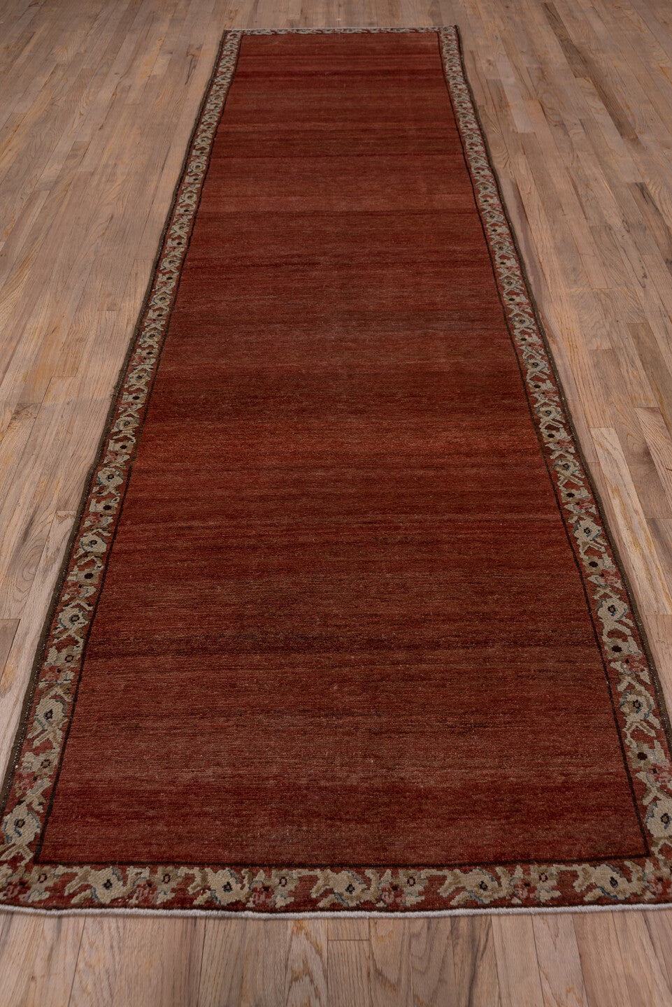 3' x 13' one-of-a-kind handmade vintage Baktiary runner rug. Color palette: brown, off-white, pink, red, snow, white