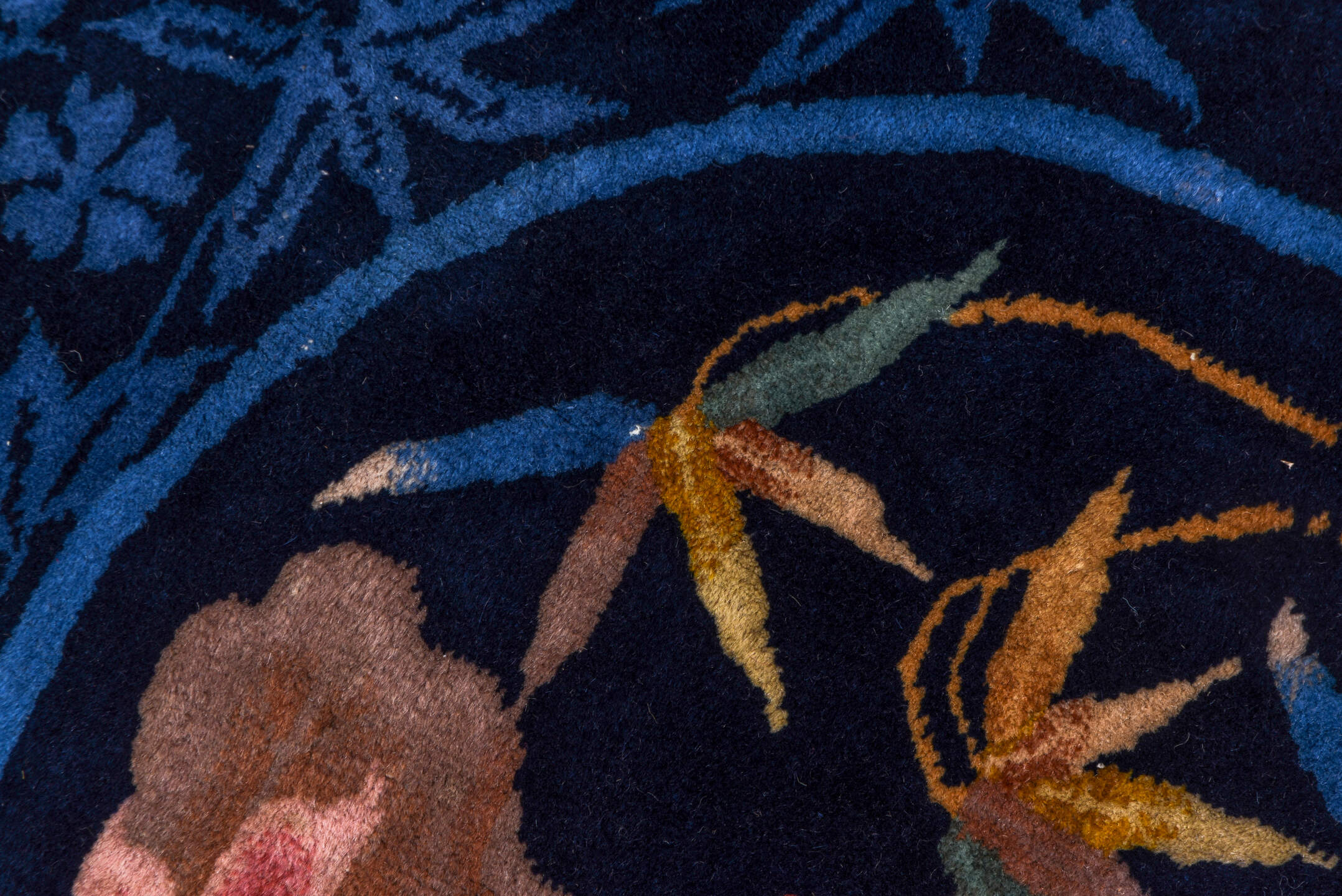 9' x 13' one-of-a-kind handmade vintage Chinese large size rug. Color palette: navy, powder_blue, blush, gold, sage, ivory