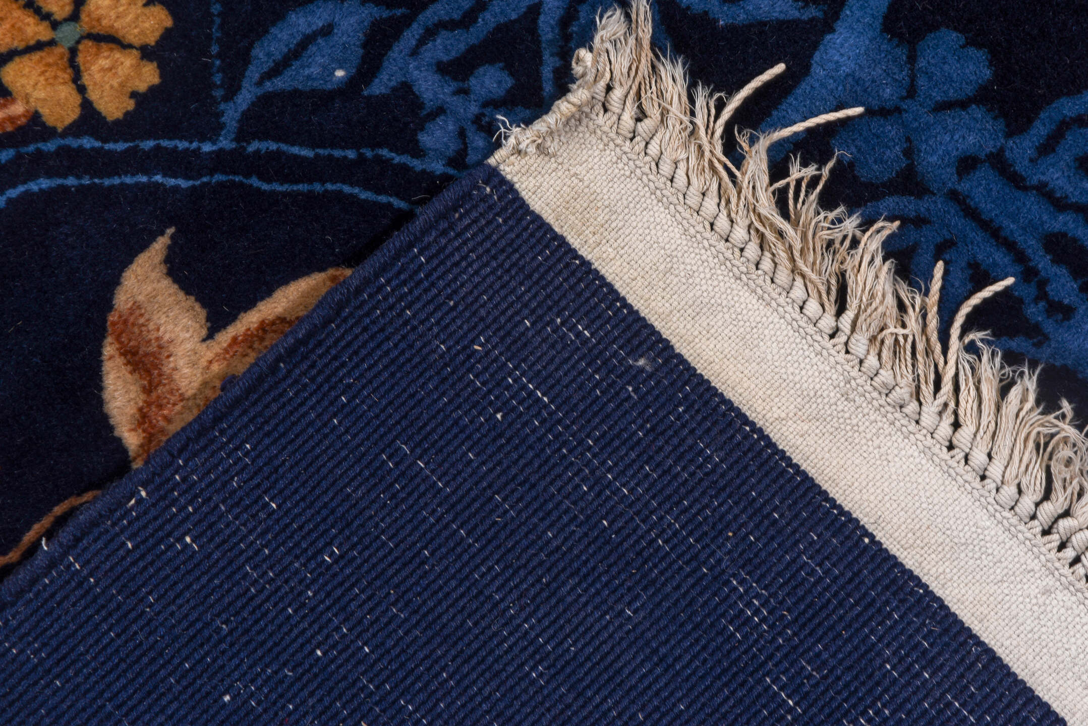 9' x 13' one-of-a-kind handmade vintage Chinese large size rug. Color palette: navy, powder_blue, blush, gold, sage, ivory
