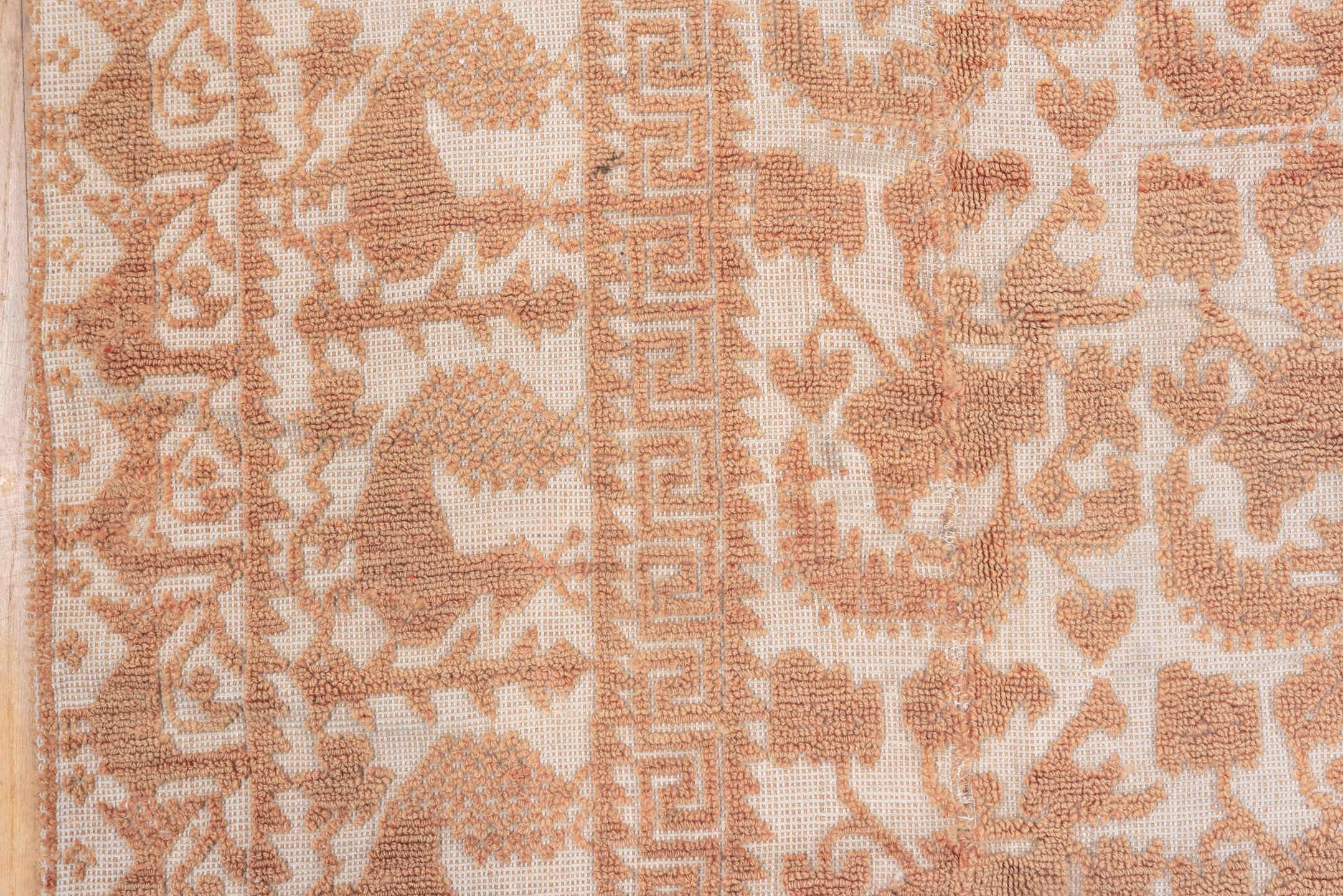 6' x 7' one-of-a-kind handmade vintage Spanish rug. Color palette: brown, gray, light gray, off-white, orange, pink