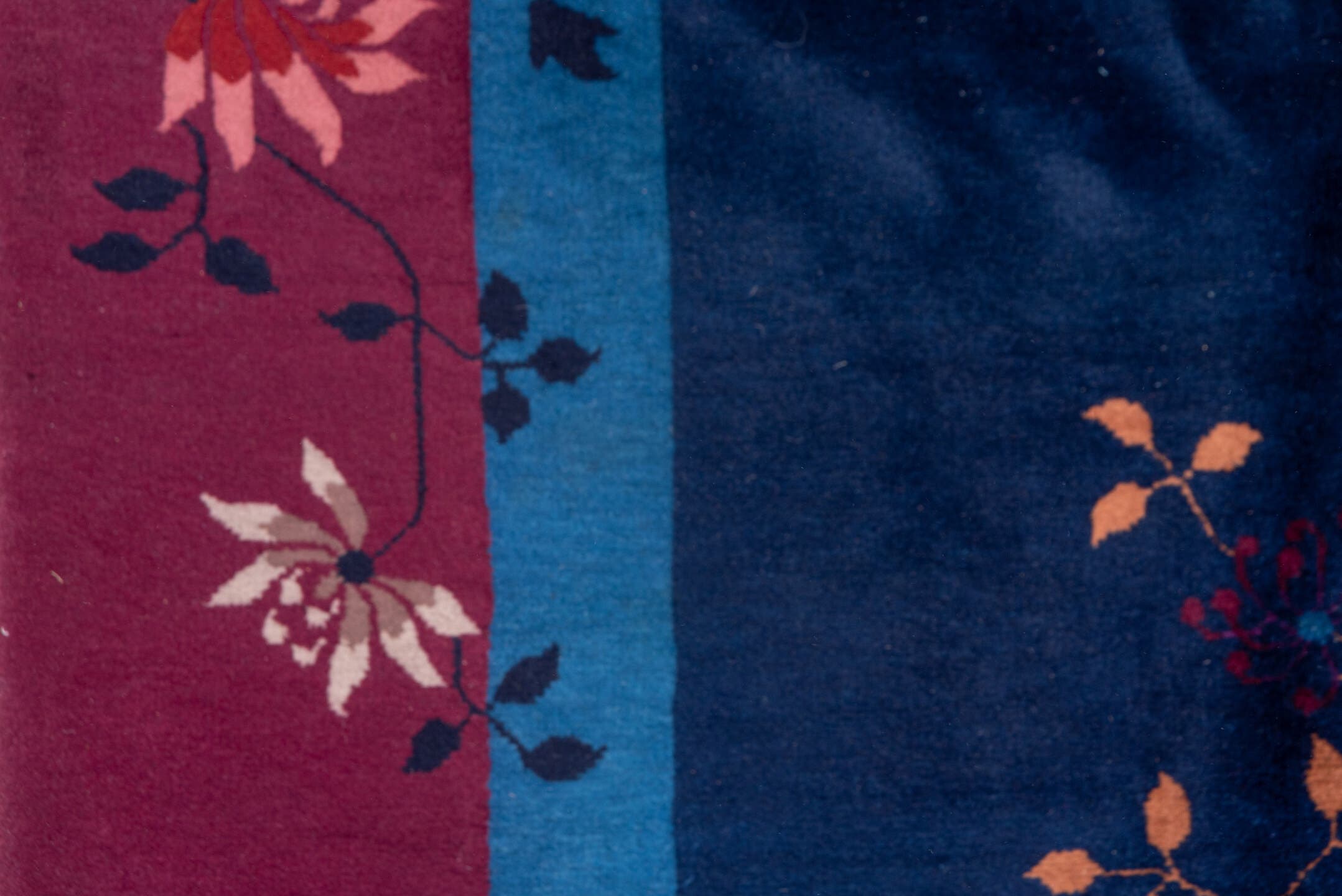 8' x 9' one-of-a-kind handmade antique Chinese rug. Color palette: navy, plum, sky_blue, peach, rose, indigo, ivory, blue