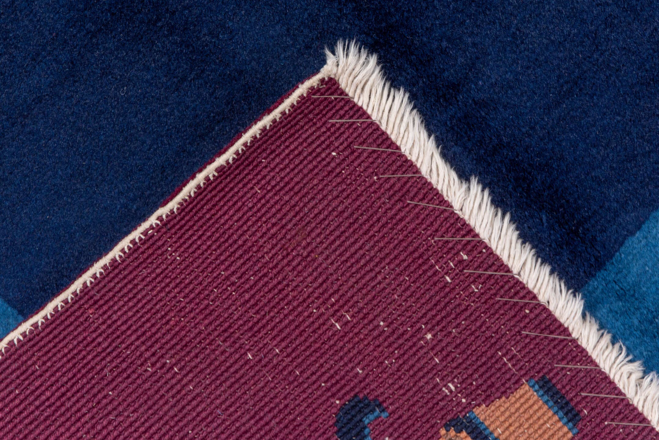 8' x 9' one-of-a-kind handmade antique Chinese rug. Color palette: navy, plum, sky_blue, peach, rose, indigo, ivory, blue