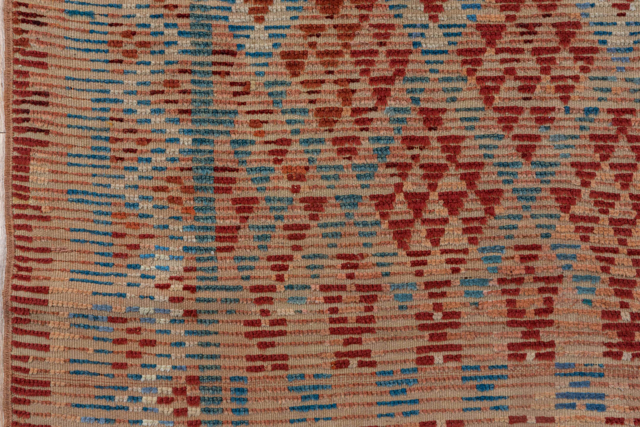 4' x 9' one-of-a-kind handmade vintage Moroccan runner rug. Color palette: blue, brown, gray, pink
