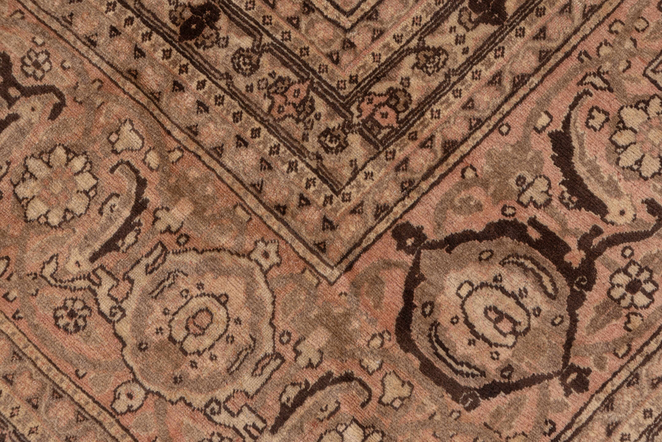 12' x 16' one-of-a-kind handmade vintage Tabriz oversize rug. Color palette: brown, orange, pink, redwood