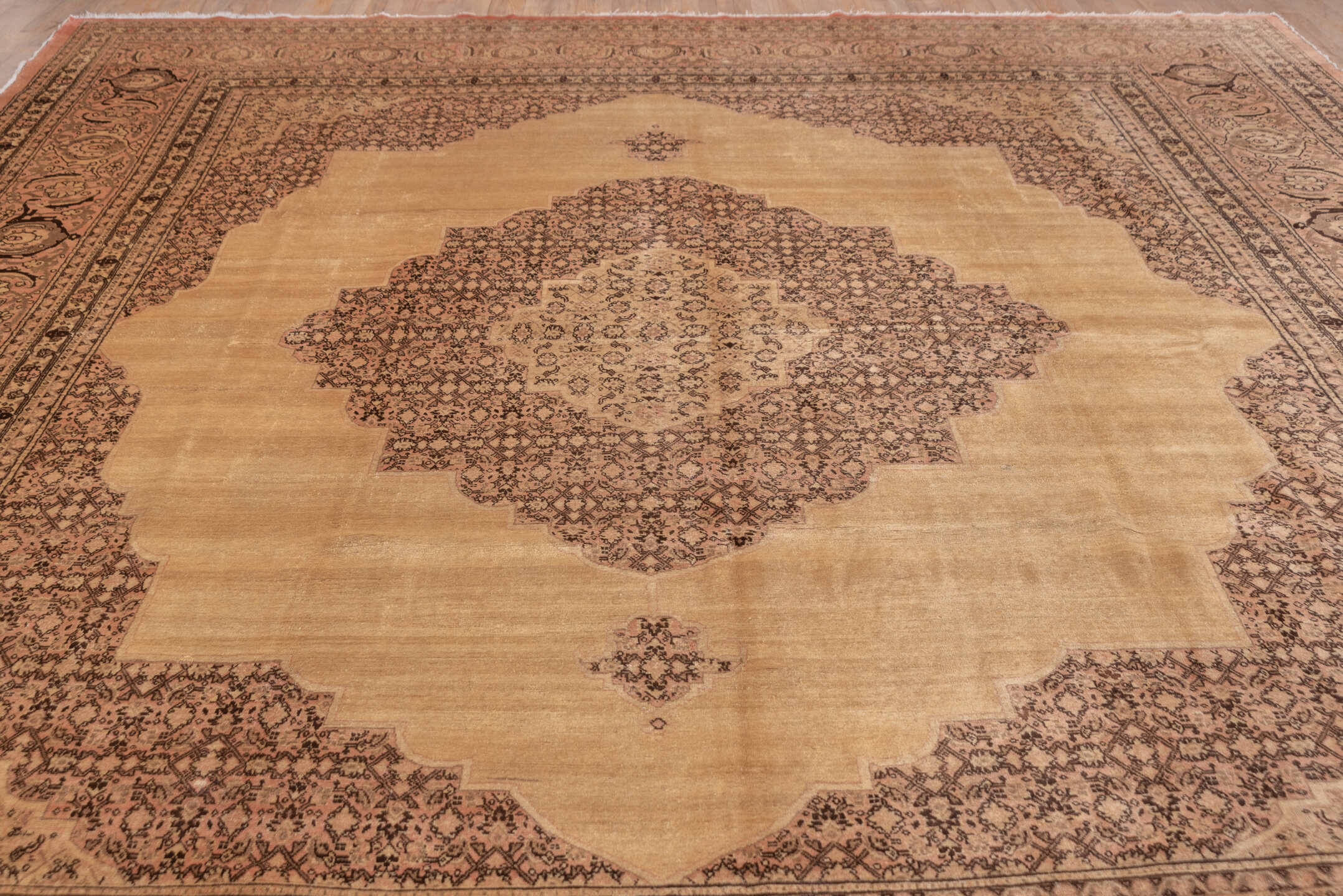 12' x 16' one-of-a-kind handmade vintage Tabriz oversize rug. Color palette: brown, orange, pink, redwood