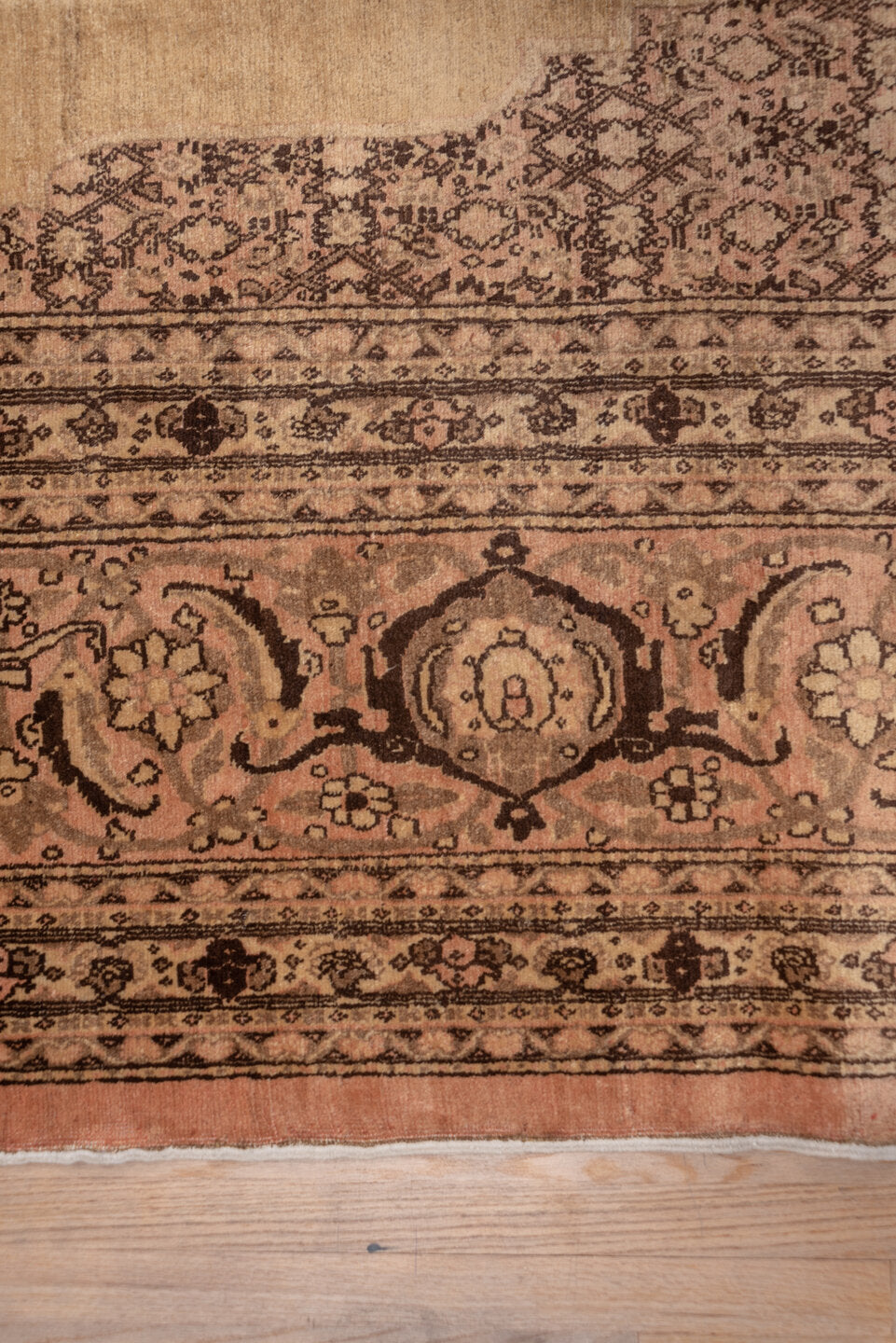 12' x 16' one-of-a-kind handmade vintage Tabriz oversize rug. Color palette: brown, orange, pink, redwood