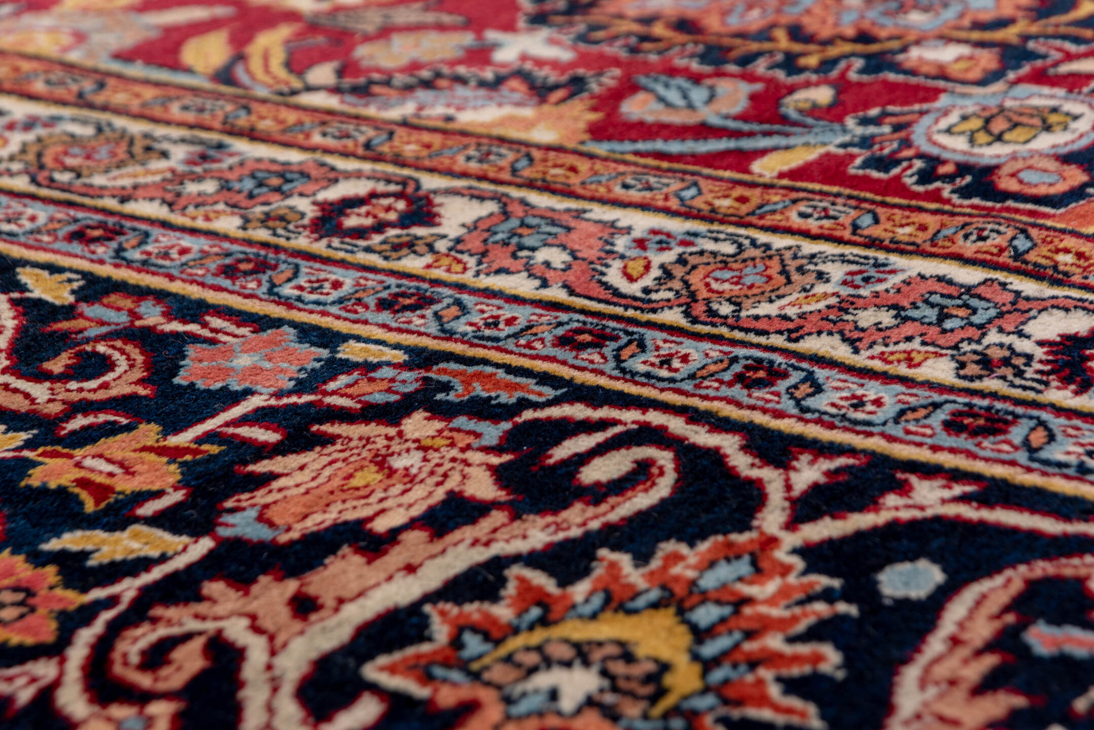 13' x 17' one-of-a-kind handmade antique Khorassan oversize rug. Color palette: red, navy, ivory, rose, slate, taupe, camel