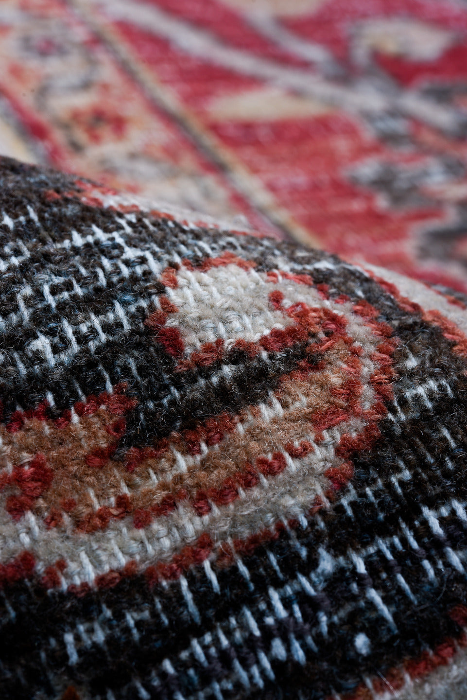 13' x 17' one-of-a-kind handmade vintage Khorassan oversize rug. Color palette: black, blue, brown, gray, pink, red
