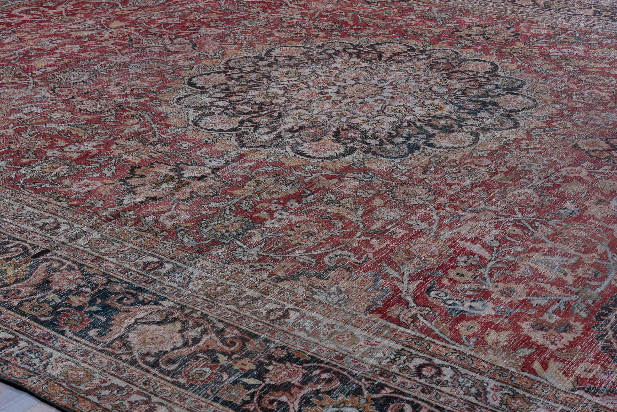 13' x 17' one-of-a-kind handmade antique Khorassan oversize rug. Color palette: red, navy, ivory, rose, slate, taupe, camel
