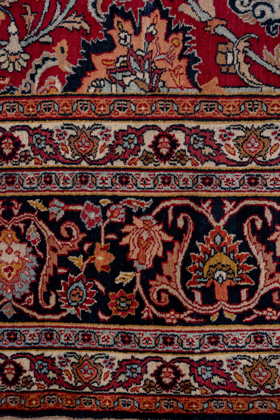 13' x 17' one-of-a-kind handmade antique Khorassan oversize rug. Color palette: red, navy, ivory, rose, slate, taupe, camel