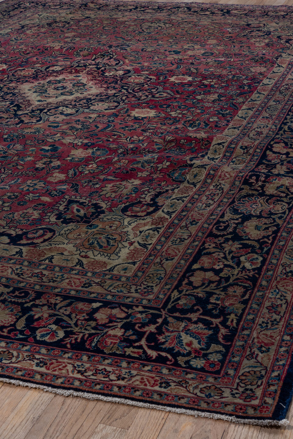 8' x 11' one-of-a-kind handmade vintage Kazvin large size rug. Color palette: blue, brown, gray, off-white, pink, red, snow