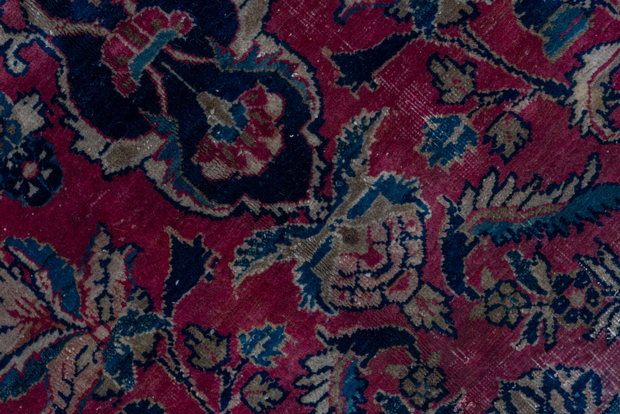 8' x 11' one-of-a-kind handmade vintage Kazvin large size rug. Color palette: blue, brown, gray, off-white, pink, red, snow