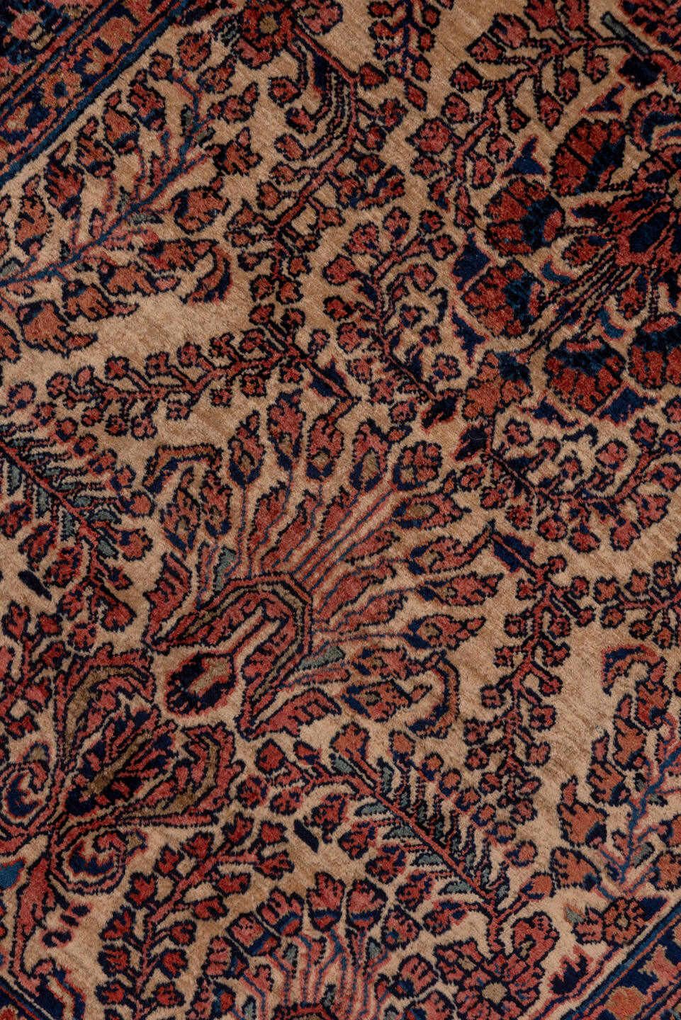 2' x 10' one-of-a-kind handmade antique Sarouk runner rug. Color palette: ivory, navy, rust, camel, burgundy, blue