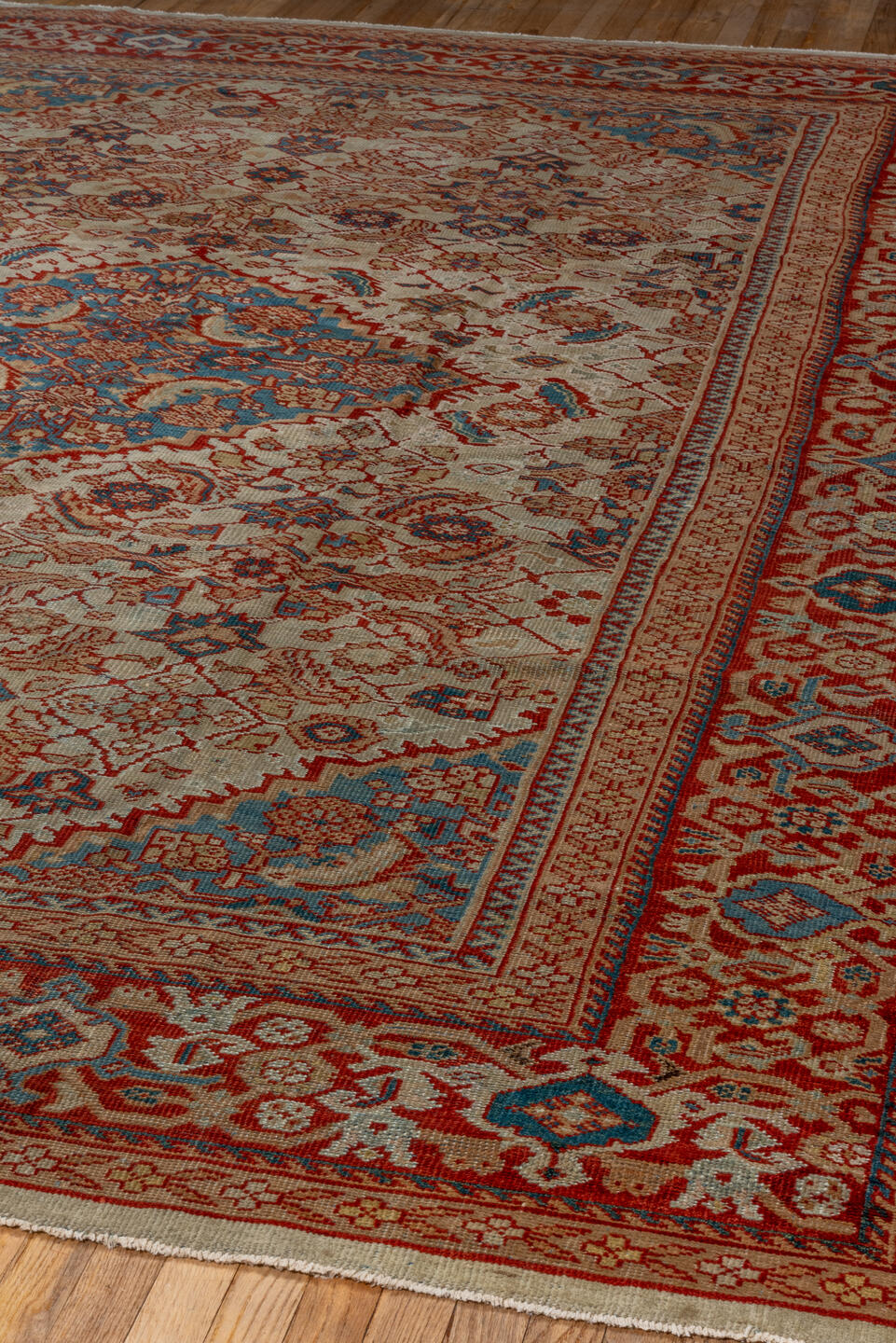 8' x 10' one-of-a-kind handmade antique Sultanabad large size rug. Color palette: ivory, rust, sky_blue, brick, camel
