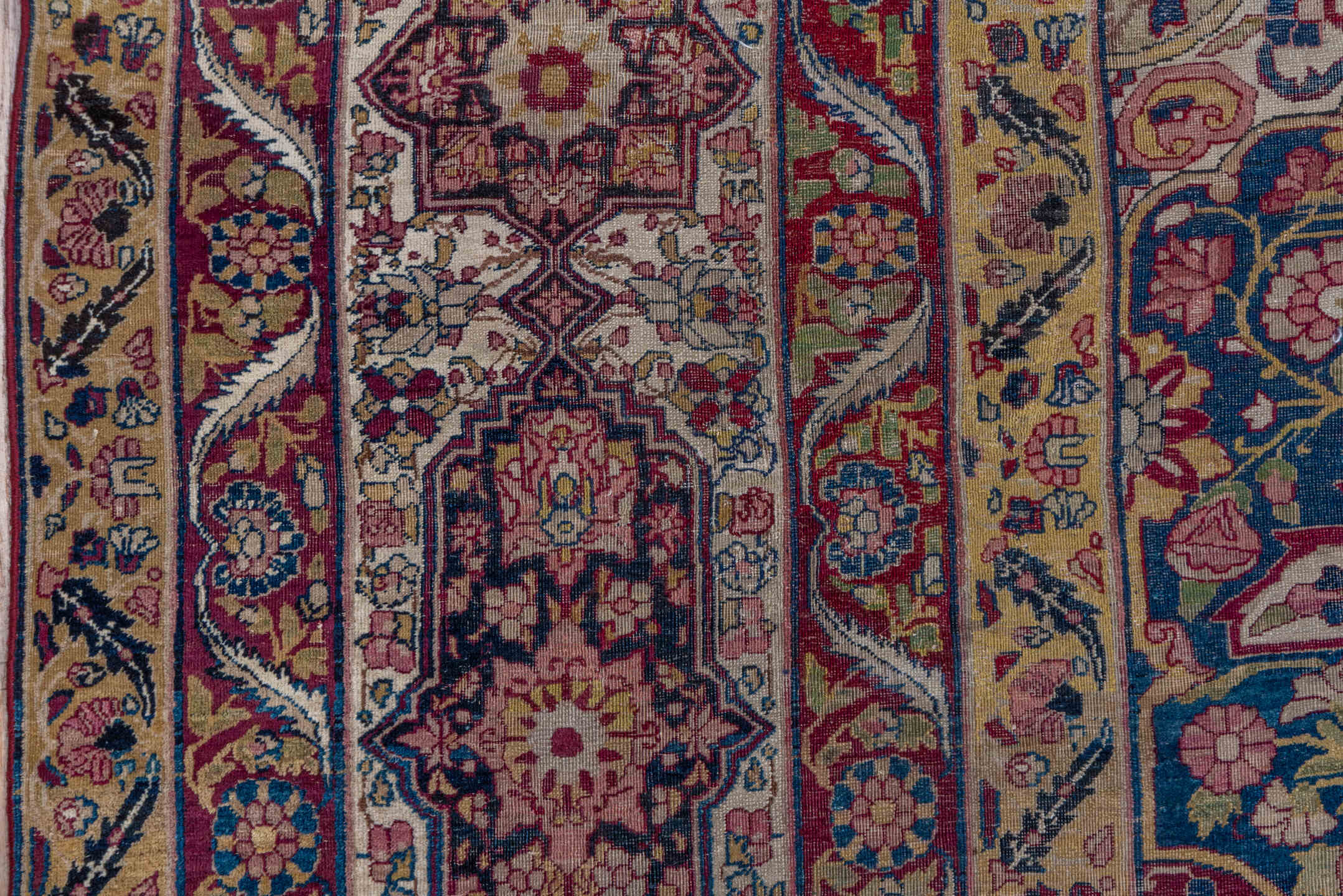 11' x 17' one-of-a-kind handmade antique Lavar oversize rug. Color palette: camel, burgundy, navy, ivory, rose, gold, sage