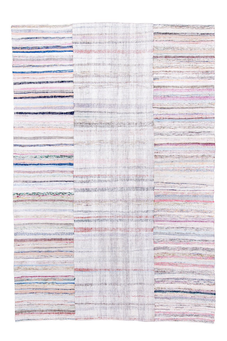 8' x 12' one-of-a-kind handmade antique Rag Rug large size rug. Color palette: ivory, blush, gray, blue, rose, taupe