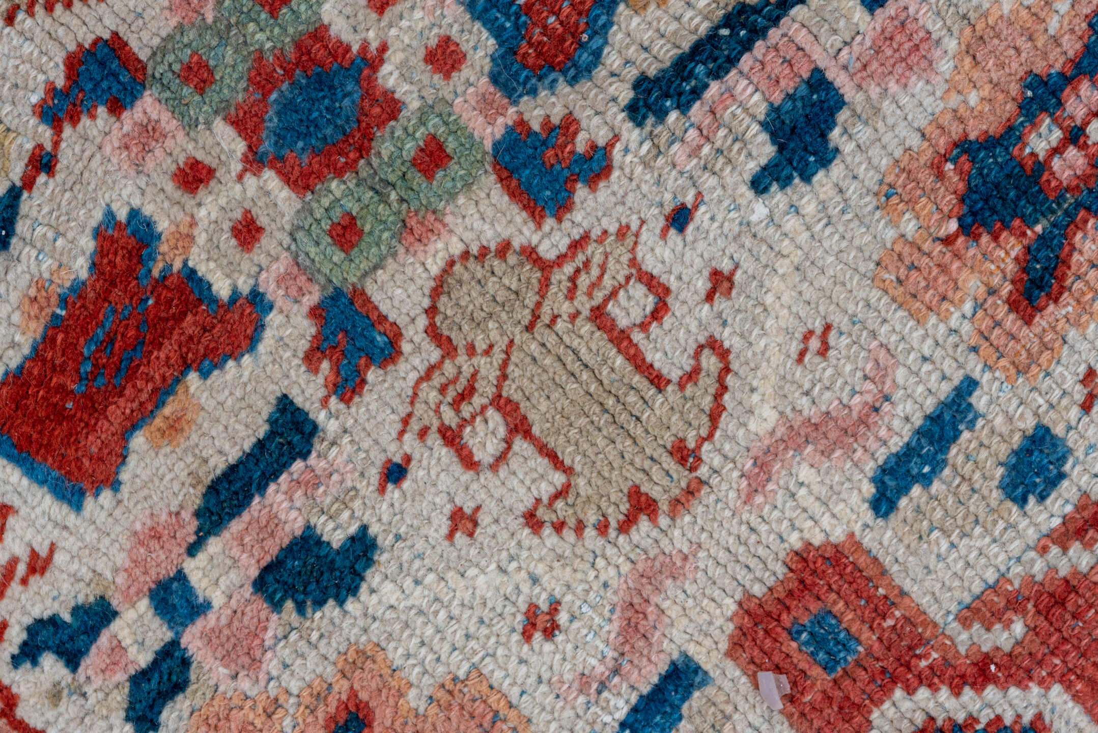 7' x 10' one-of-a-kind handmade antique Heriz large size rug. Color palette: ivory, navy, sky blue, rust, blush, crimson