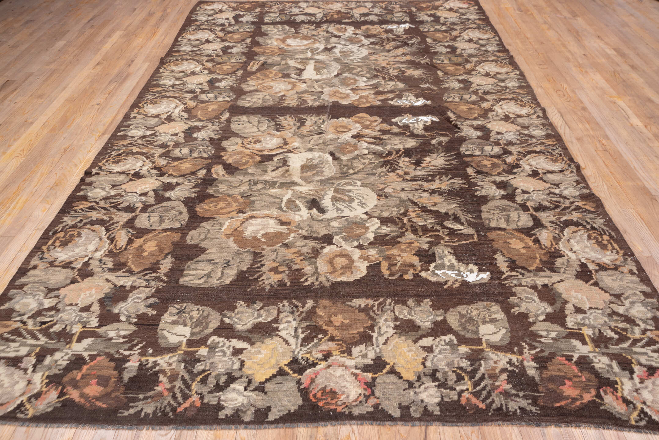 7' x 12' one-of-a-kind handmade antique Kilim large size rug. Color palette: brown, taupe, gray, ivory, rose, camel, beige