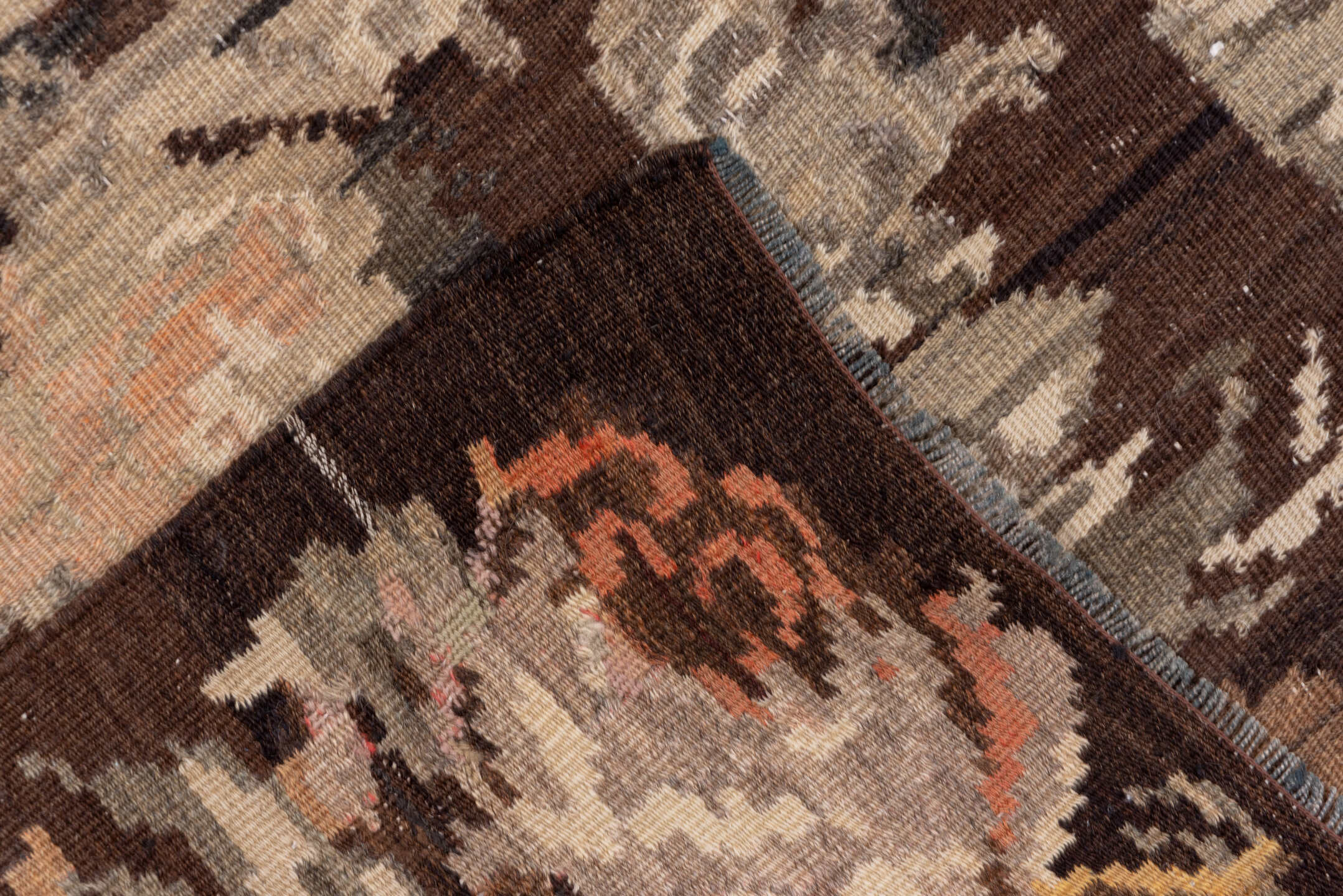 7' x 12' one-of-a-kind handmade antique Kilim large size rug. Color palette: brown, taupe, gray, ivory, rose, camel, beige