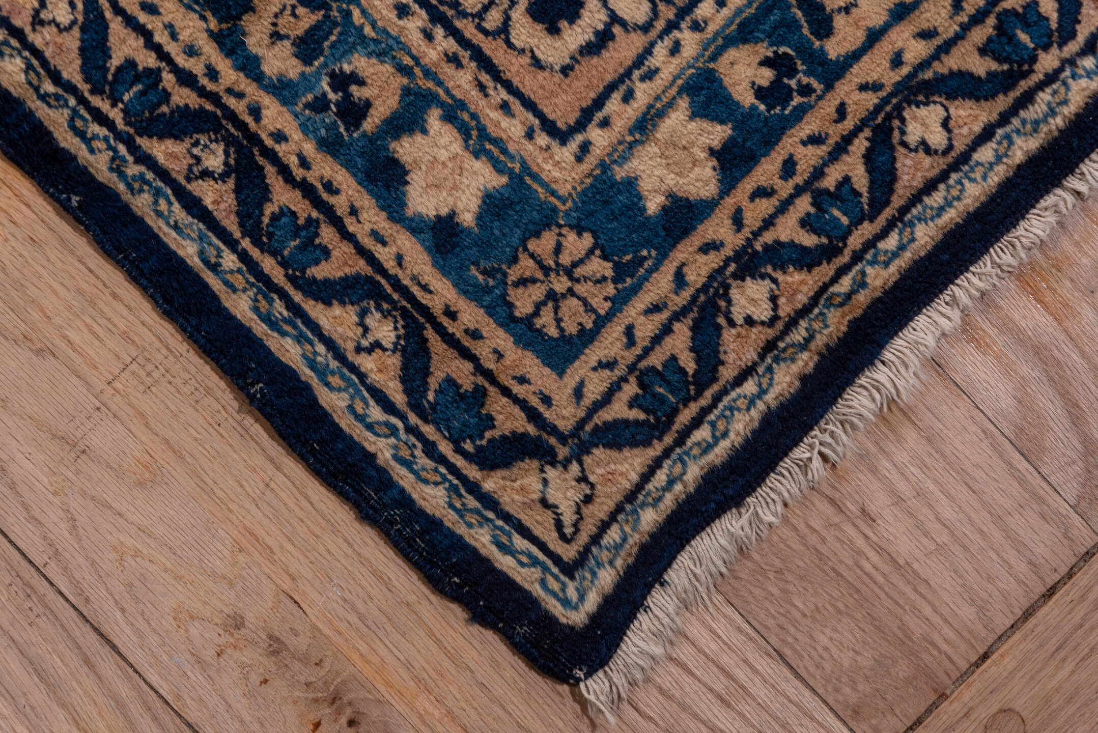 9' x 18' one-of-a-kind handmade antique Kerman rug. Color palette: navy, camel, ivory, slate, taupe, powder_blue, blue