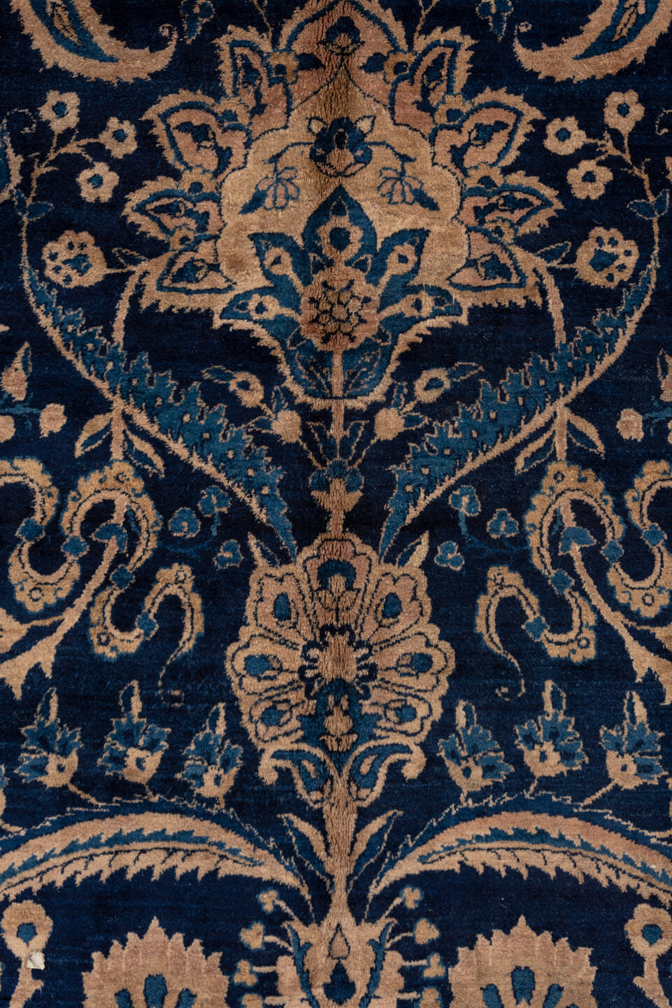 9' x 18' one-of-a-kind handmade antique Kerman rug. Color palette: navy, camel, ivory, slate, taupe, powder_blue, blue