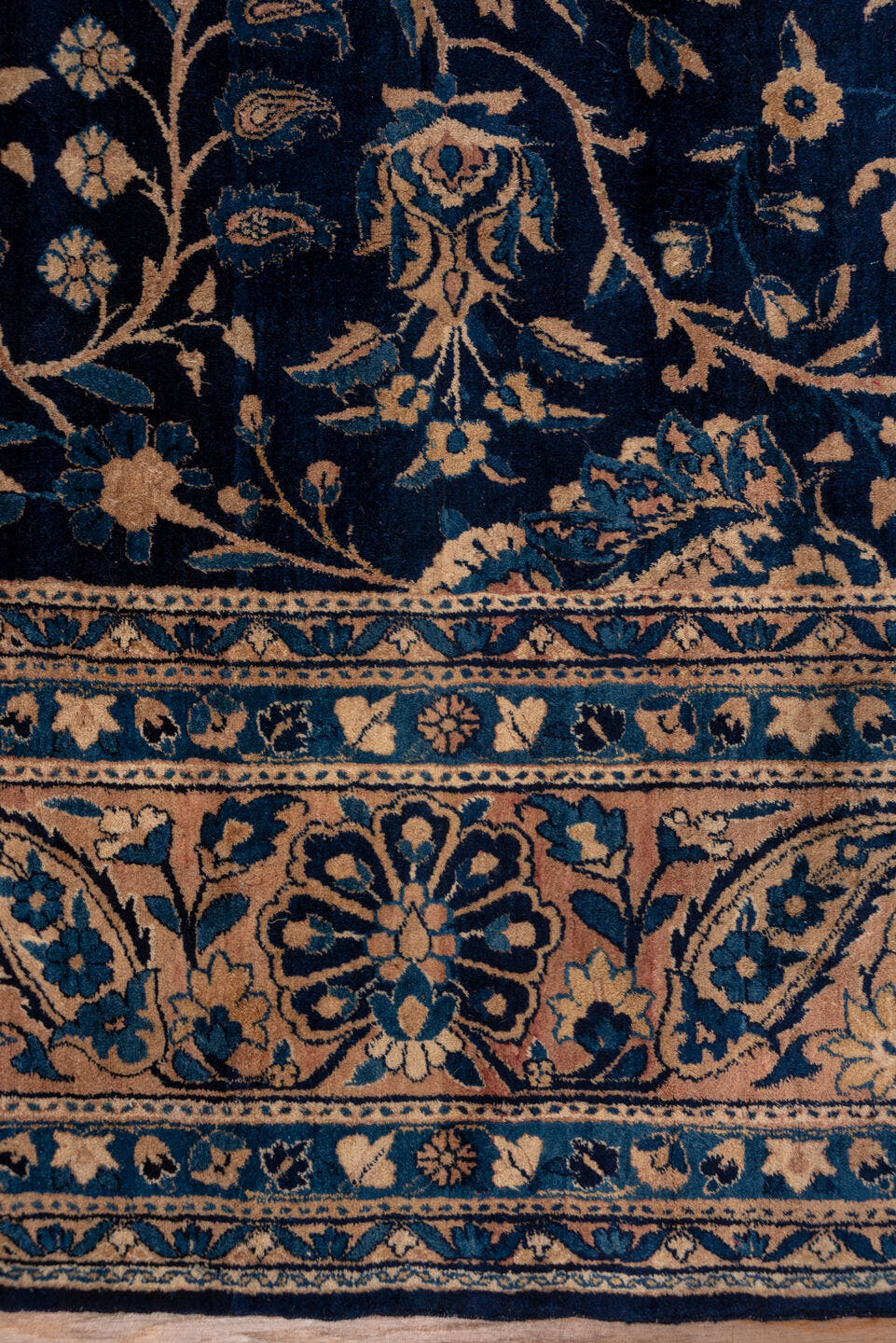 9' x 18' one-of-a-kind handmade antique Kerman rug. Color palette: navy, camel, ivory, slate, taupe, powder_blue, blue