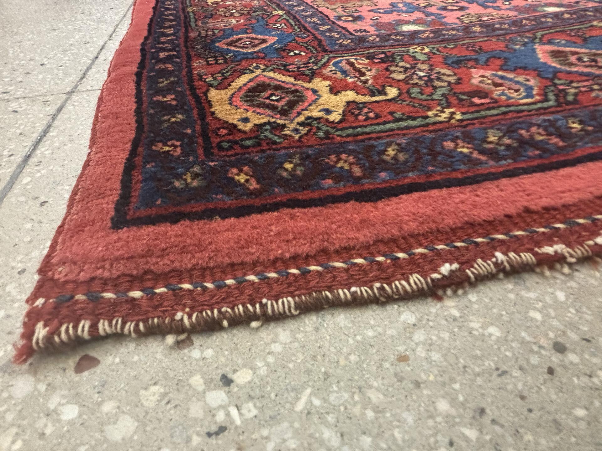 4' x 7' one-of-a-kind handmade vintage Bidjar rug. Color palette: black, blue, brown, charcoal, gray, pink, red